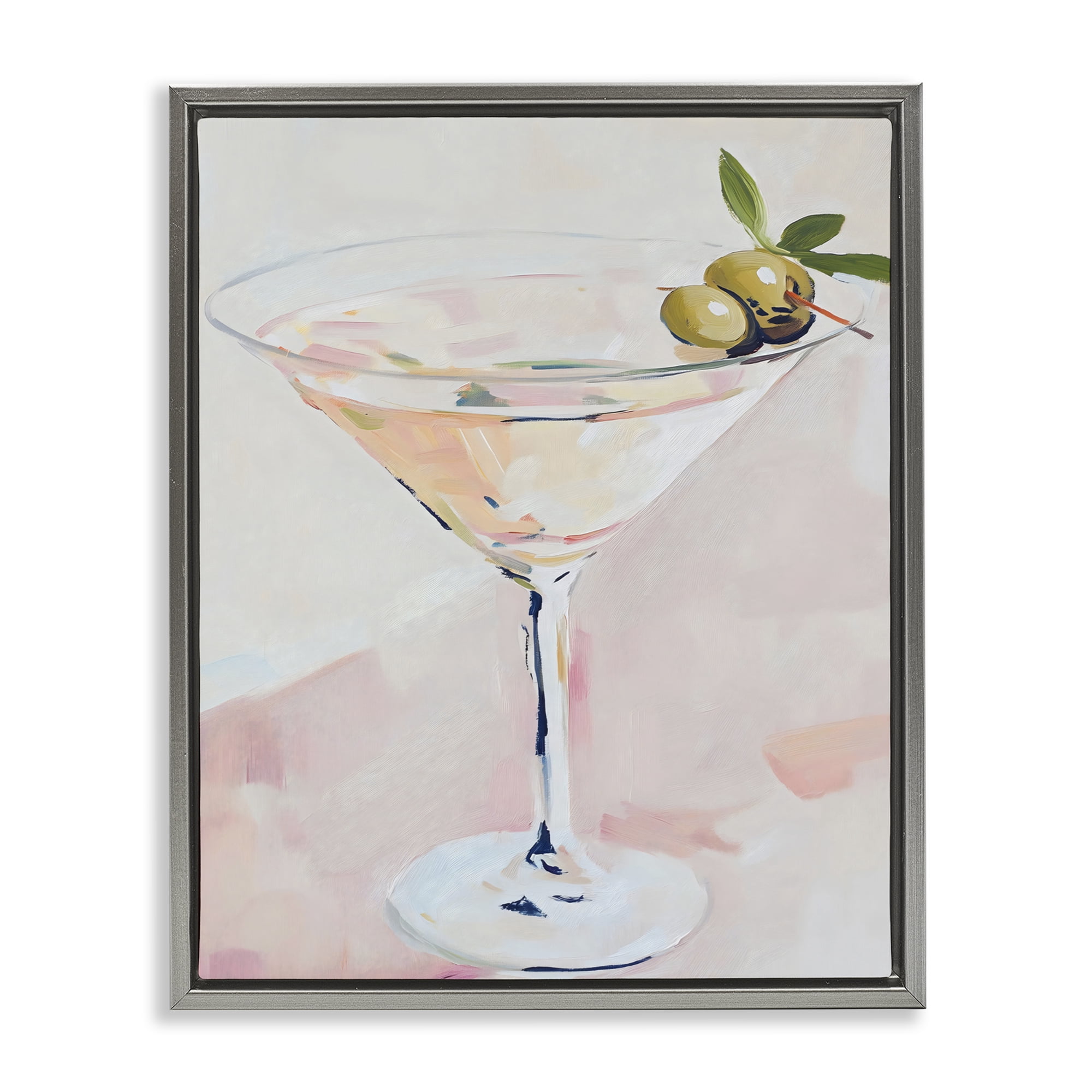 Stupell Industries Pastel Martini with Olive Garnish Gray Framed Floater Canvas Wall Art, design by The Prints Vibe