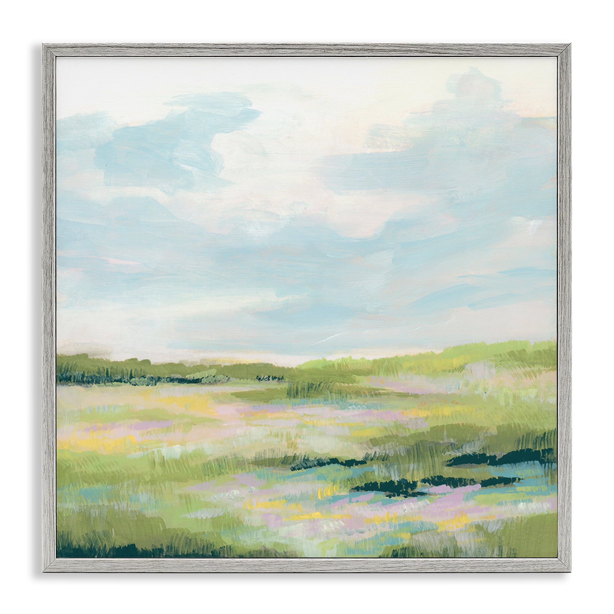 Stupell Industries Pastel Meadow Landscape Landscape & Nature Painting Gray Framed Art Print Wall Art, 12 x 12