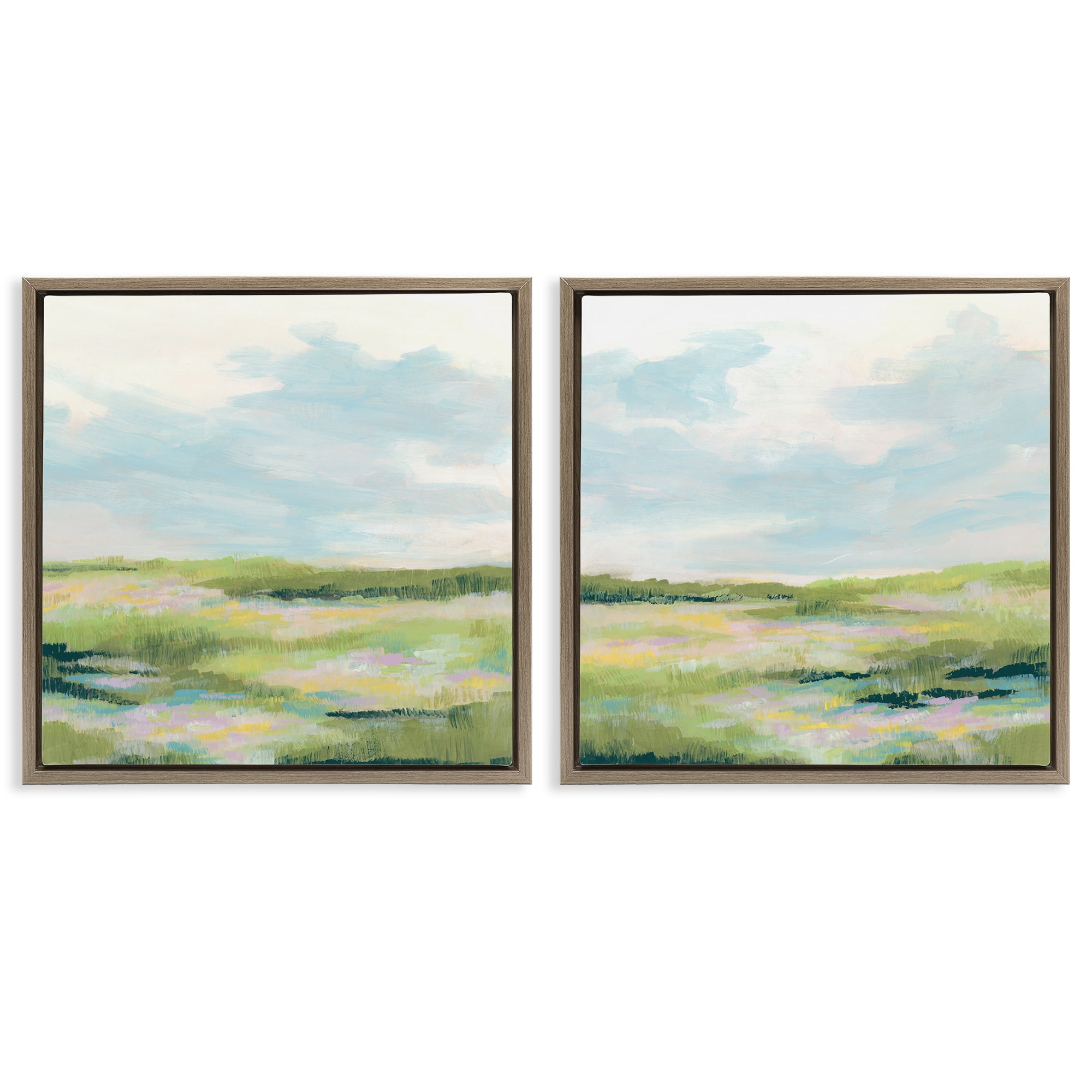 Stupell Industries Pastel Meadow under Blue Sky Landscape & Nature Painting Brown Floater Framed Canvas Art Print Wall Art, 18 x 18, Set of 2