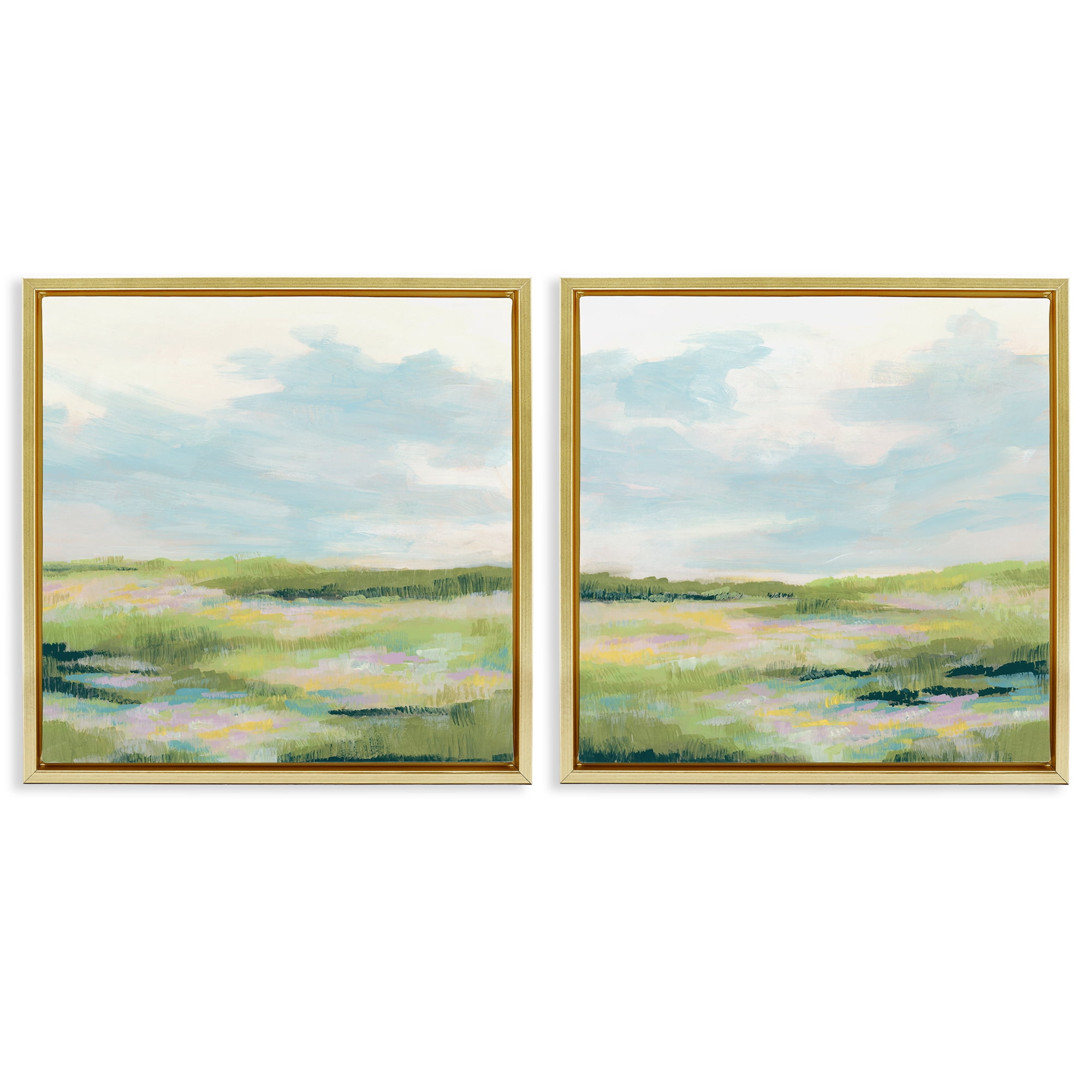 Stupell Industries Pastel Meadow under Blue Sky Landscape & Nature Painting Gold Floater Framed Canvas Art Print Wall Art, 18 x 18, Set of 2