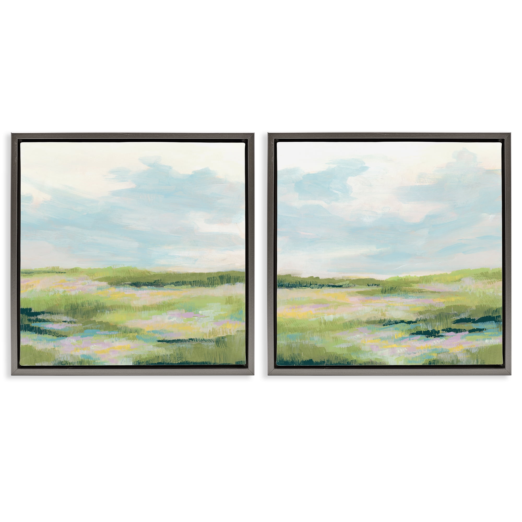 Stupell Industries Pastel Meadow under Blue Sky Landscape & Nature Painting Gray Floater Framed Canvas Art Print Wall Art, 18 x 18, Set of 2