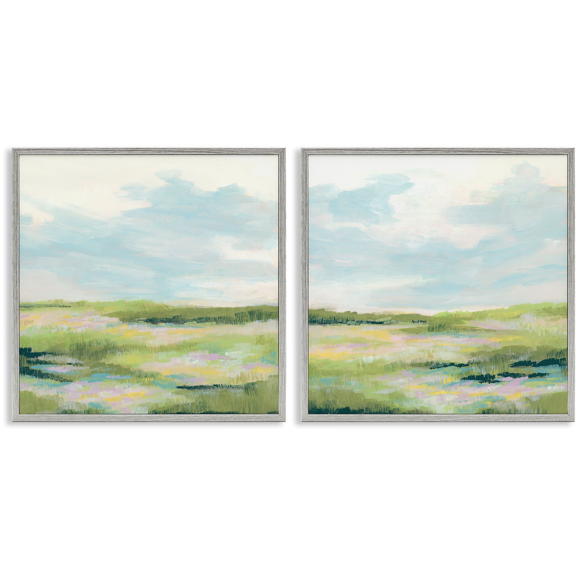 Stupell Industries Pastel Meadow under Blue Sky Landscape & Nature Painting Gray Framed Art Print Wall Art, 17 x 17, Set of 2