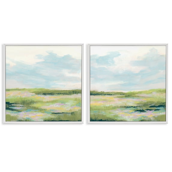 Stupell Industries Pastel Meadow under Blue Sky Landscape & Nature Painting White Framed Art Print Wall Art, 17 x 17, Set of 2