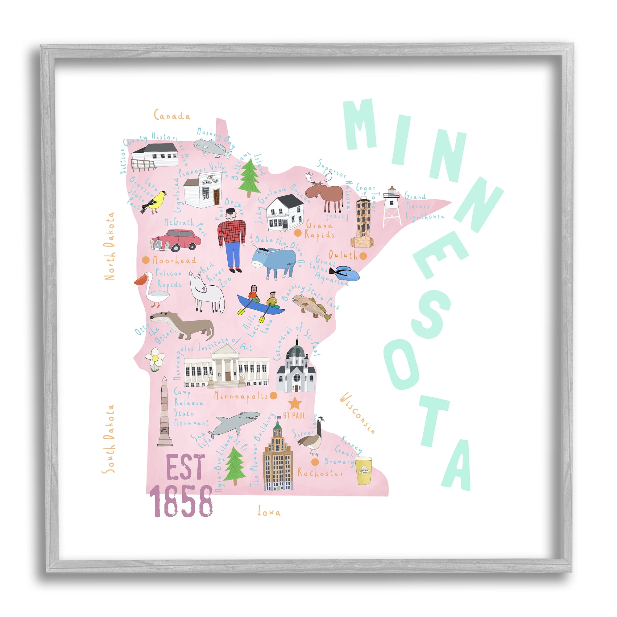 Stupell Industries Pastel Minnesota Sights Landmarks Travel & Places Painting Gray Framed Art Print Wall Art