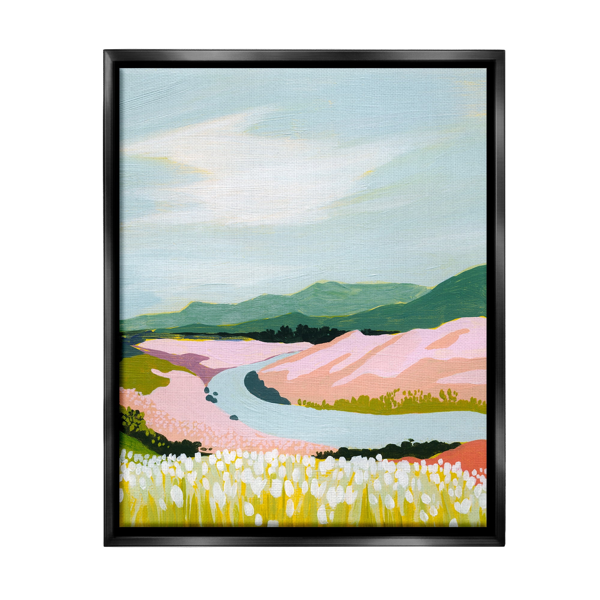 Stupell Industries Pastel Mountain Stream Landscape Painting Black Floater Framed Canvas Art Print Wall Art, 25 x 31