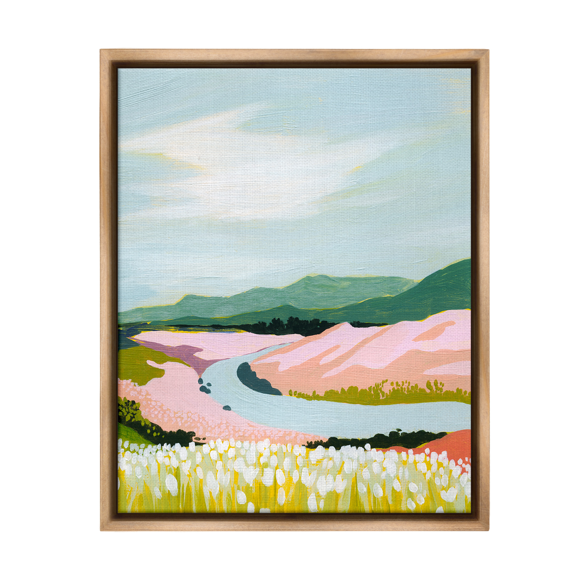 Stupell Industries Pastel Mountain Stream Landscape Painting Brown Floater Framed Canvas Art Print Wall Art, 17 x 21