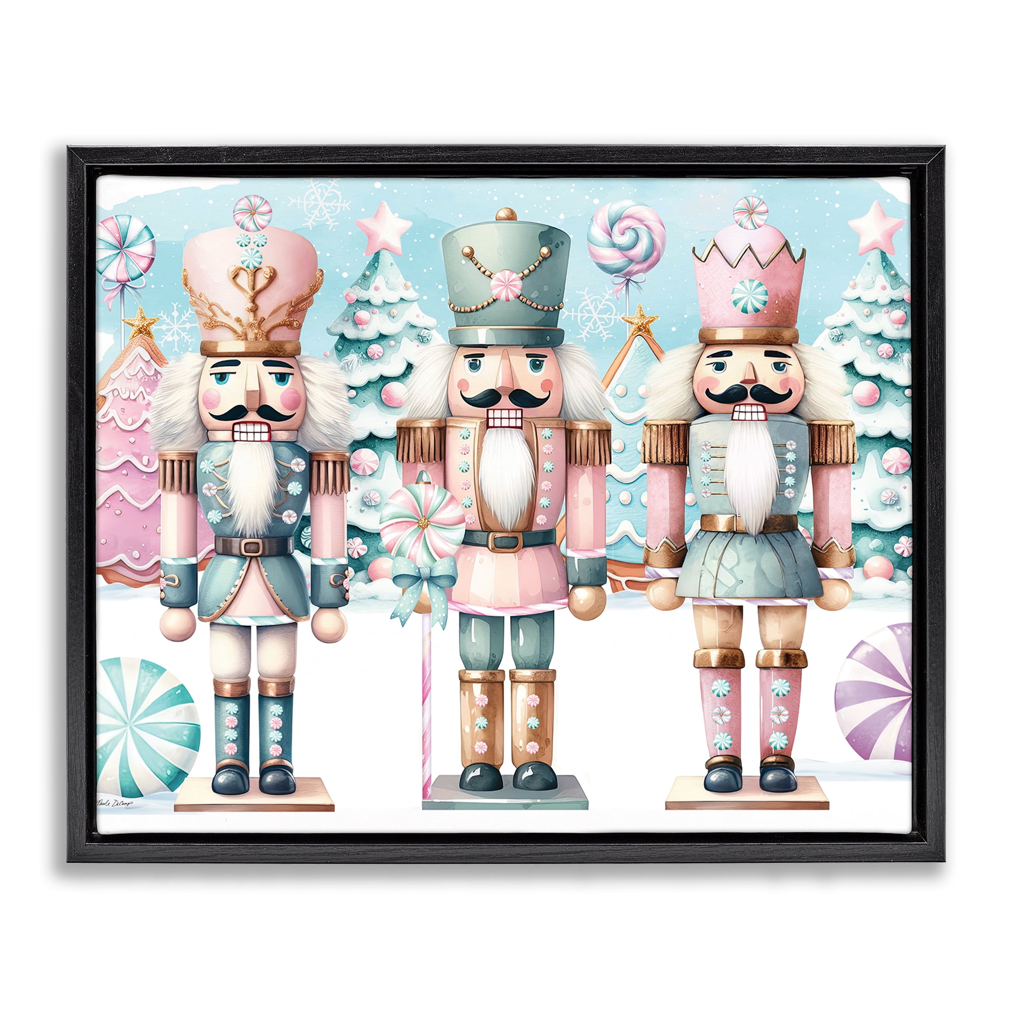 Stupell Industries Pastel Nutcracker Trio Holiday Painting Black Floater Framed Art Print Wall Art, 21 x 17
