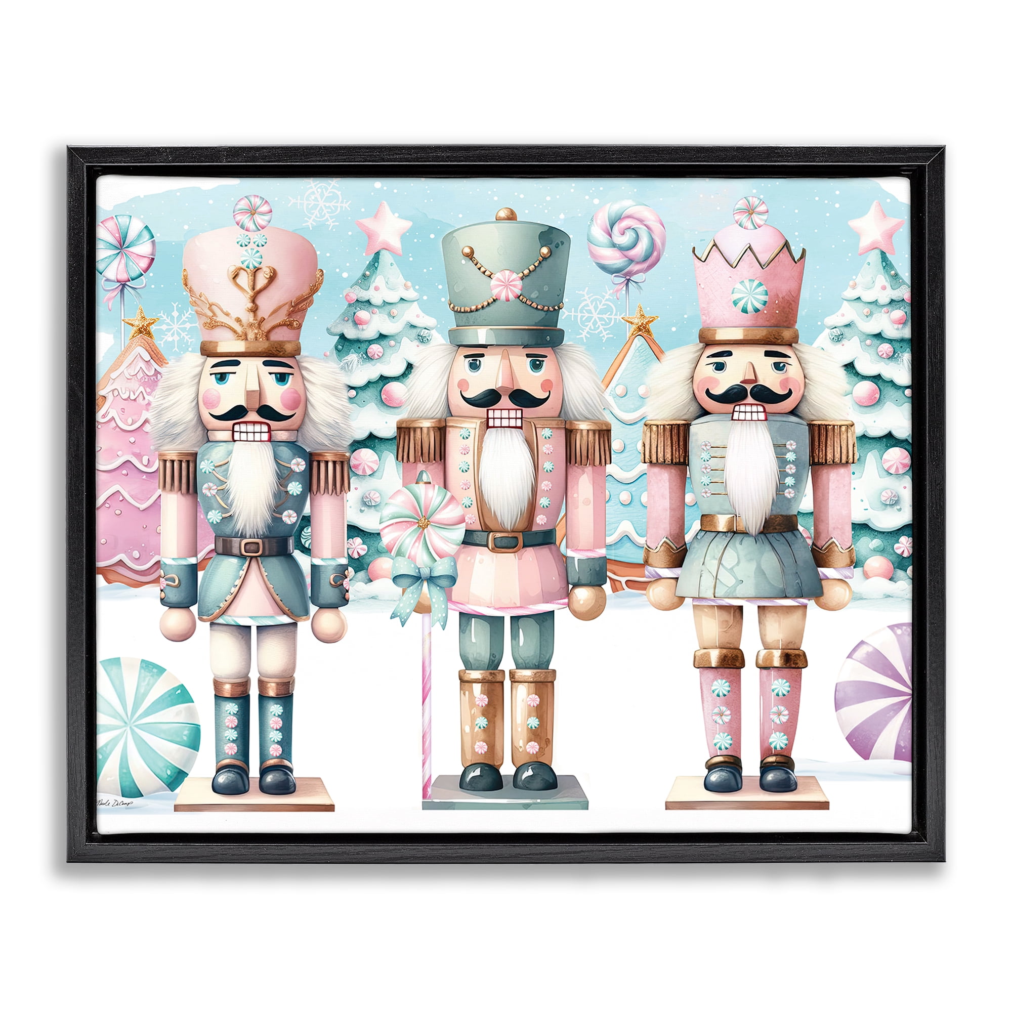 Stupell Industries Pastel Nutcracker Trio Holiday Painting Black Floater Framed Art Print Wall Art, 31 x 25
