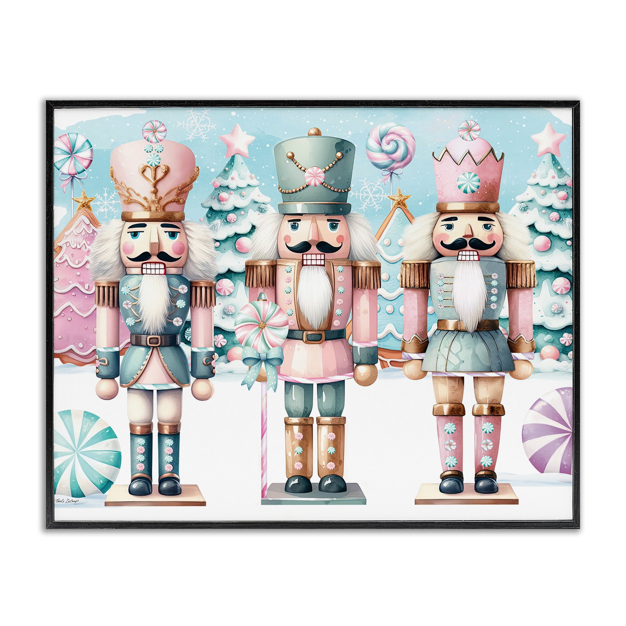 Stupell Industries Pastel Nutcracker Trio Holiday Painting Black Framed Art Print Wall Art, 20 x 16