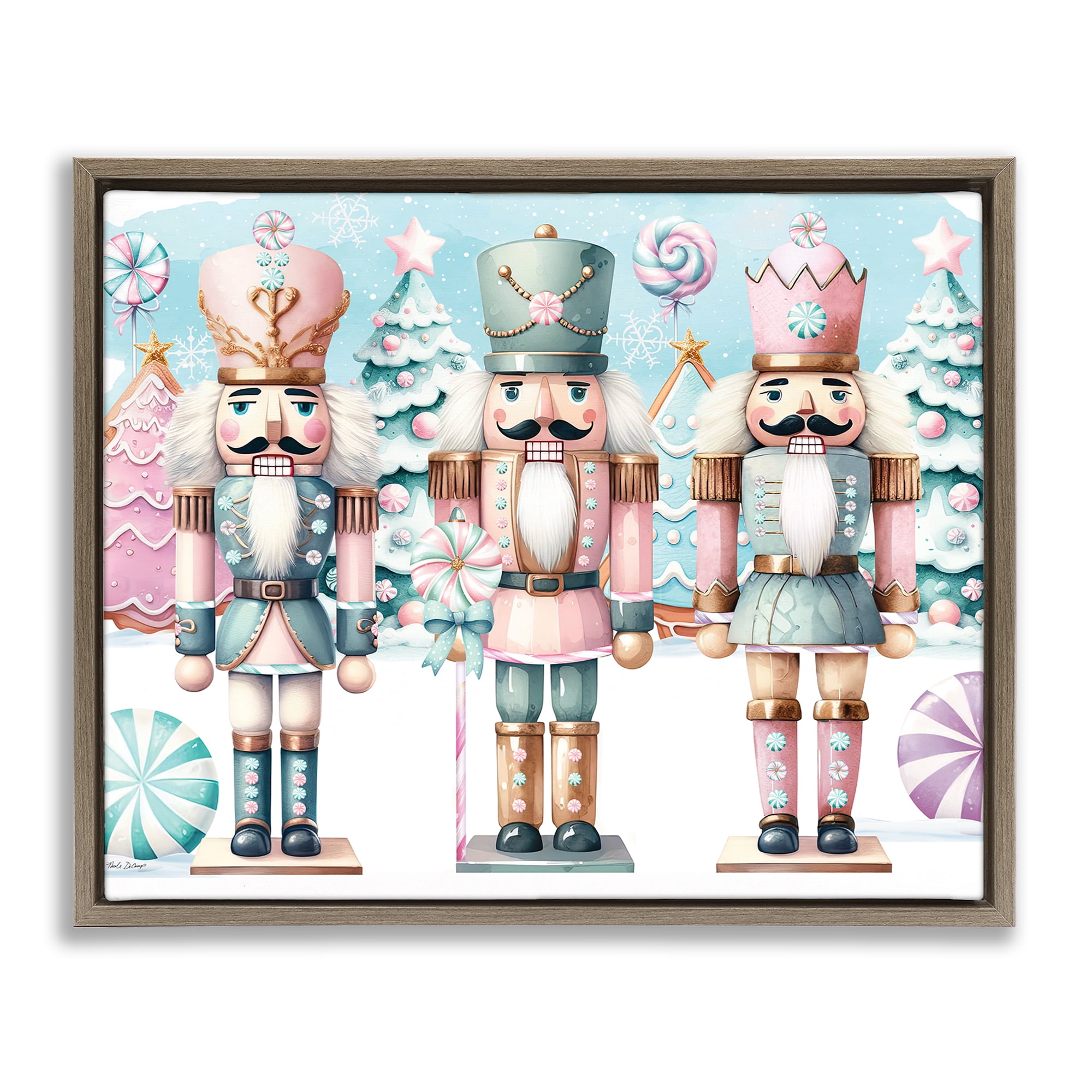 Stupell Industries Pastel Nutcracker Trio Holiday Painting Brown Floater Framed Art Print Wall Art, 21 x 17