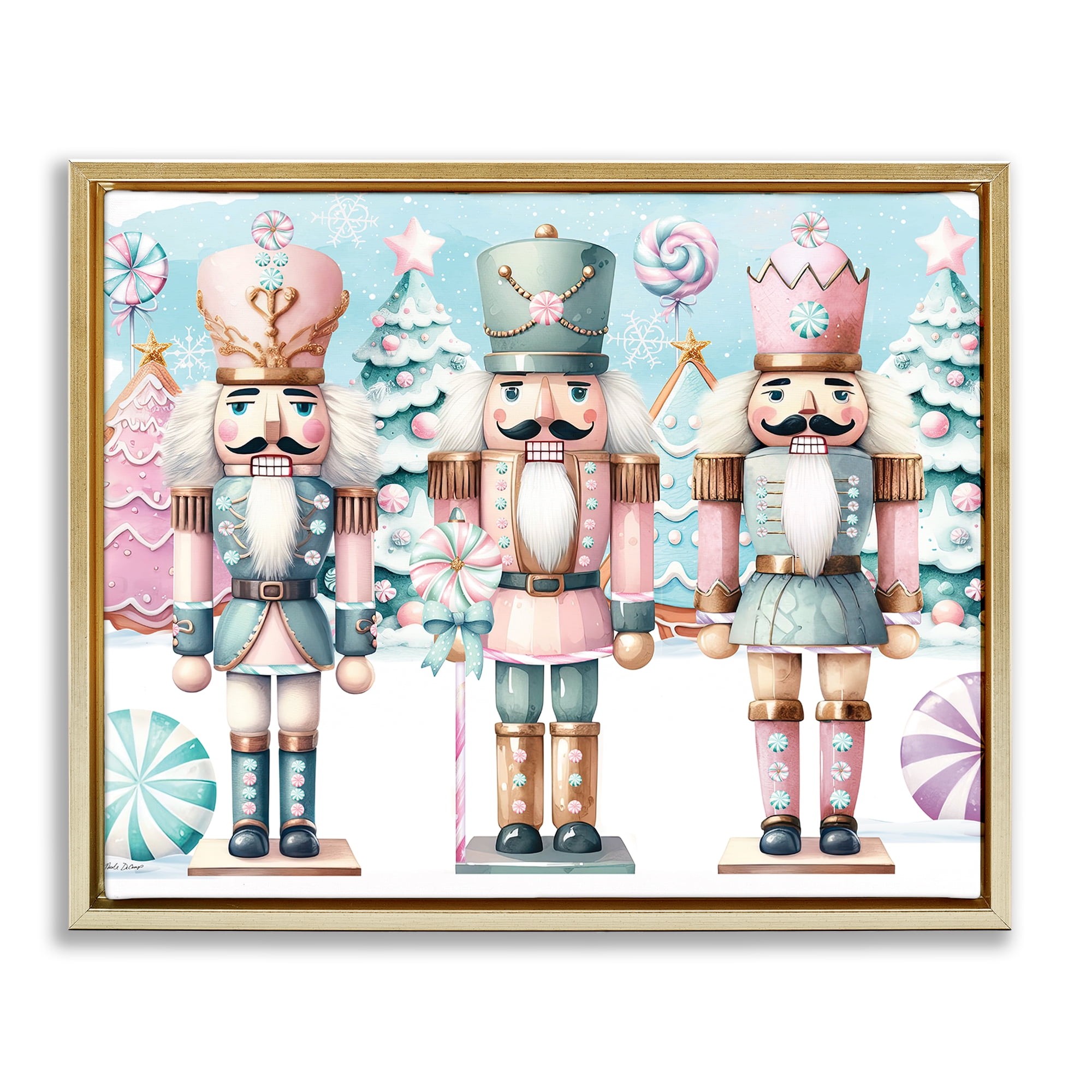 Stupell Industries Pastel Nutcracker Trio Holiday Painting Gold Floater Framed Art Print Wall Art, 21 x 17