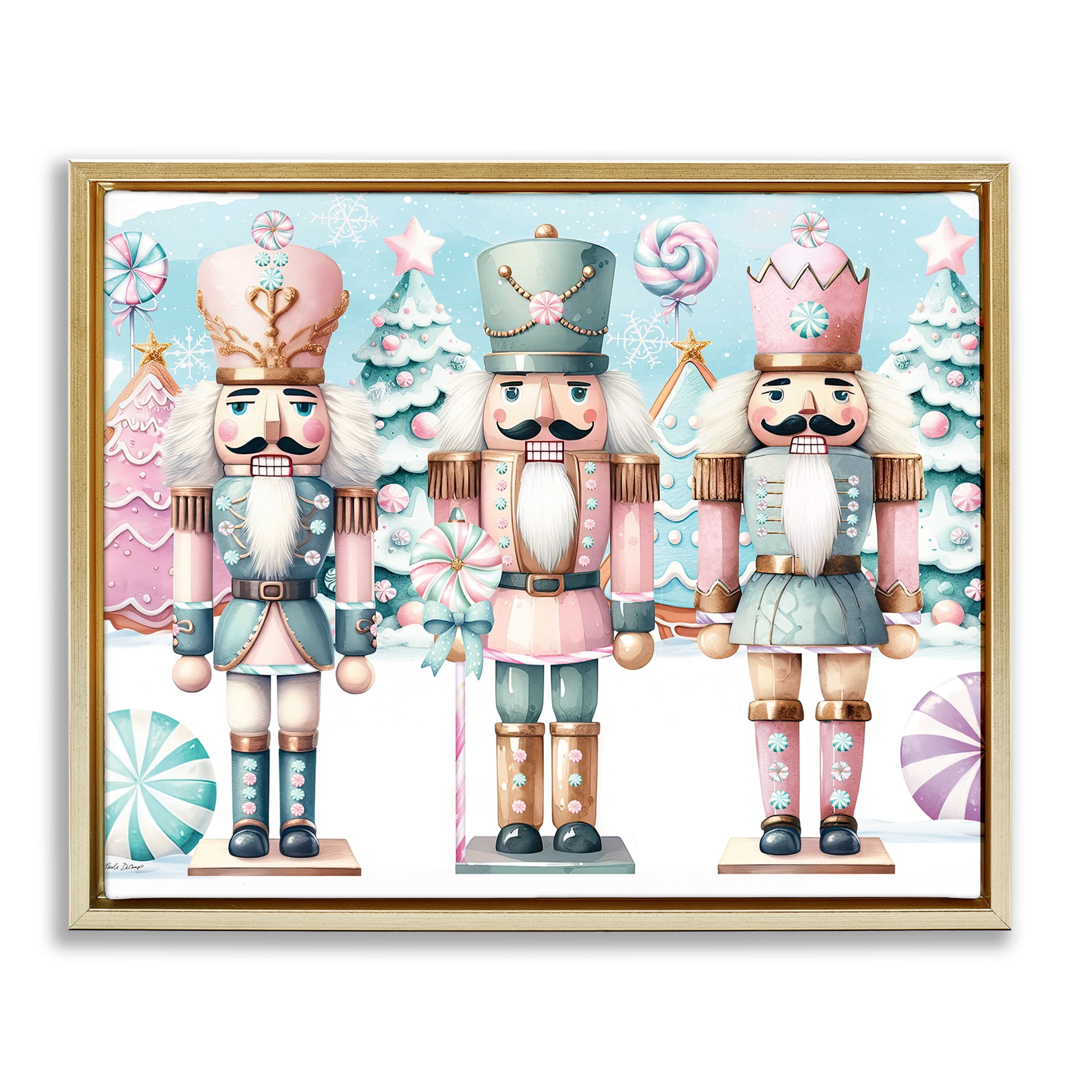 Stupell Industries Pastel Nutcracker Trio Holiday Painting Gold Floater Framed Art Print Wall Art, 31 x 25