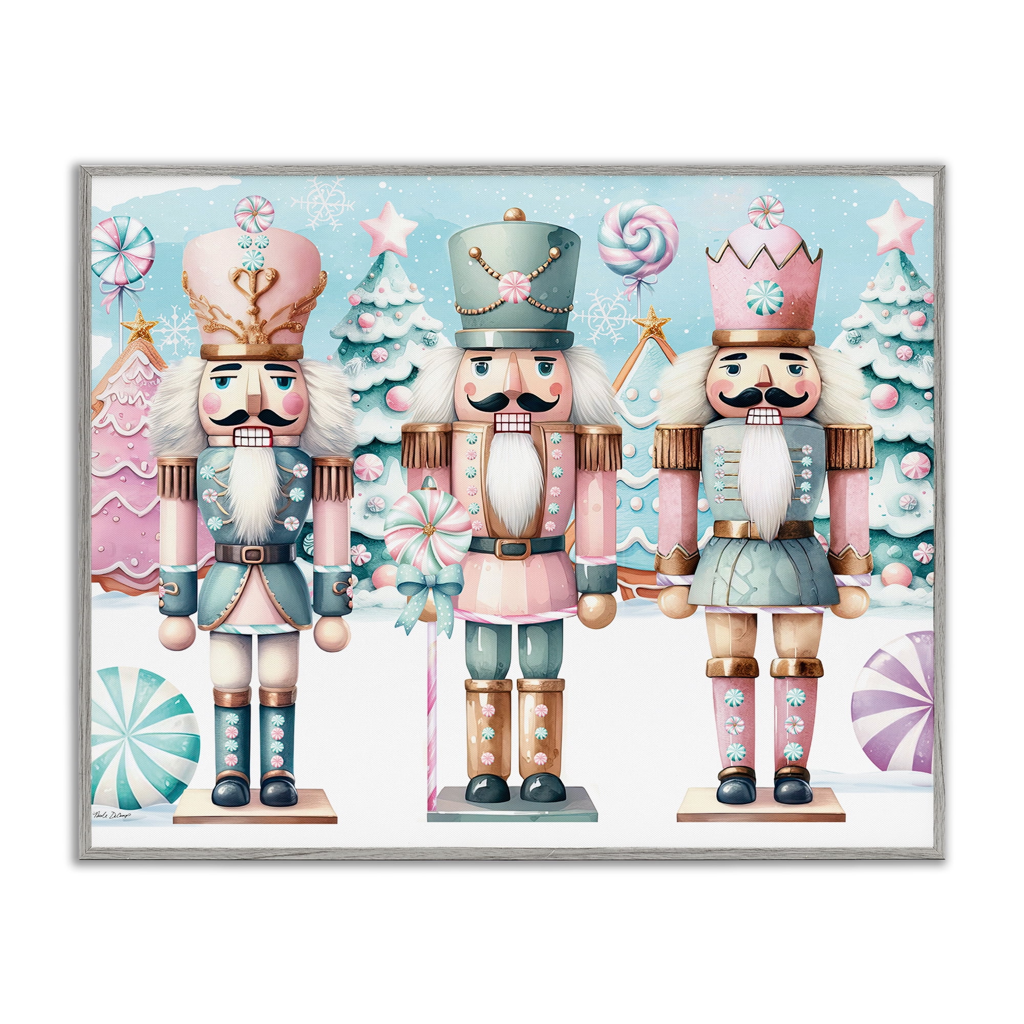 Stupell Industries Pastel Nutcracker Trio Holiday Painting Gray Framed Art Print Wall Art, 30 x 24