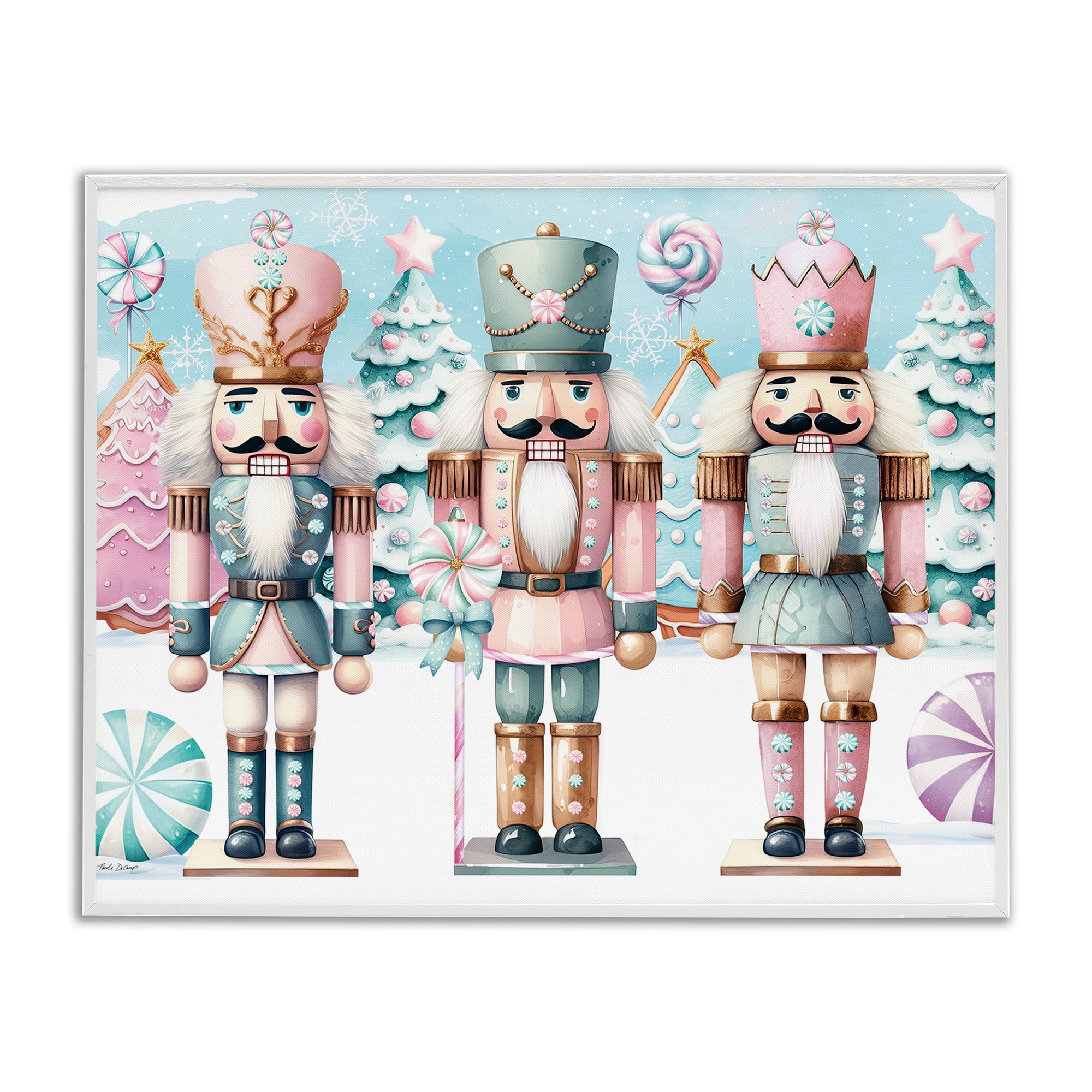 Stupell Industries Pastel Nutcracker Trio Holiday Painting White Framed Art Print Wall Art, 20 x 16