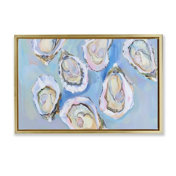 Stupell Industries Pastel Oysters on Blue Animals Painting Gold Floater Framed Canvas Art Print Wall Art, 25 x 17
