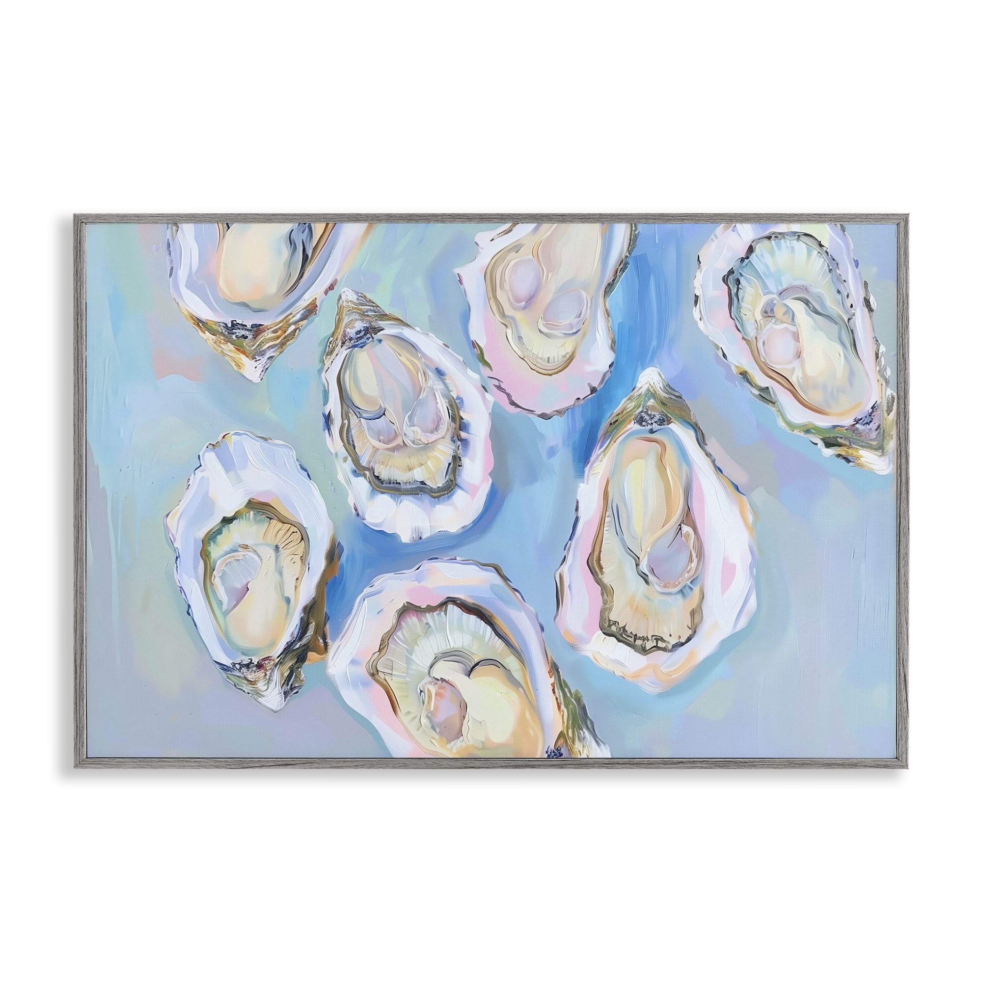 Stupell Industries Pastel Oysters on Blue Animals Painting Gray Framed Art Print Wall Art, 18 x 12