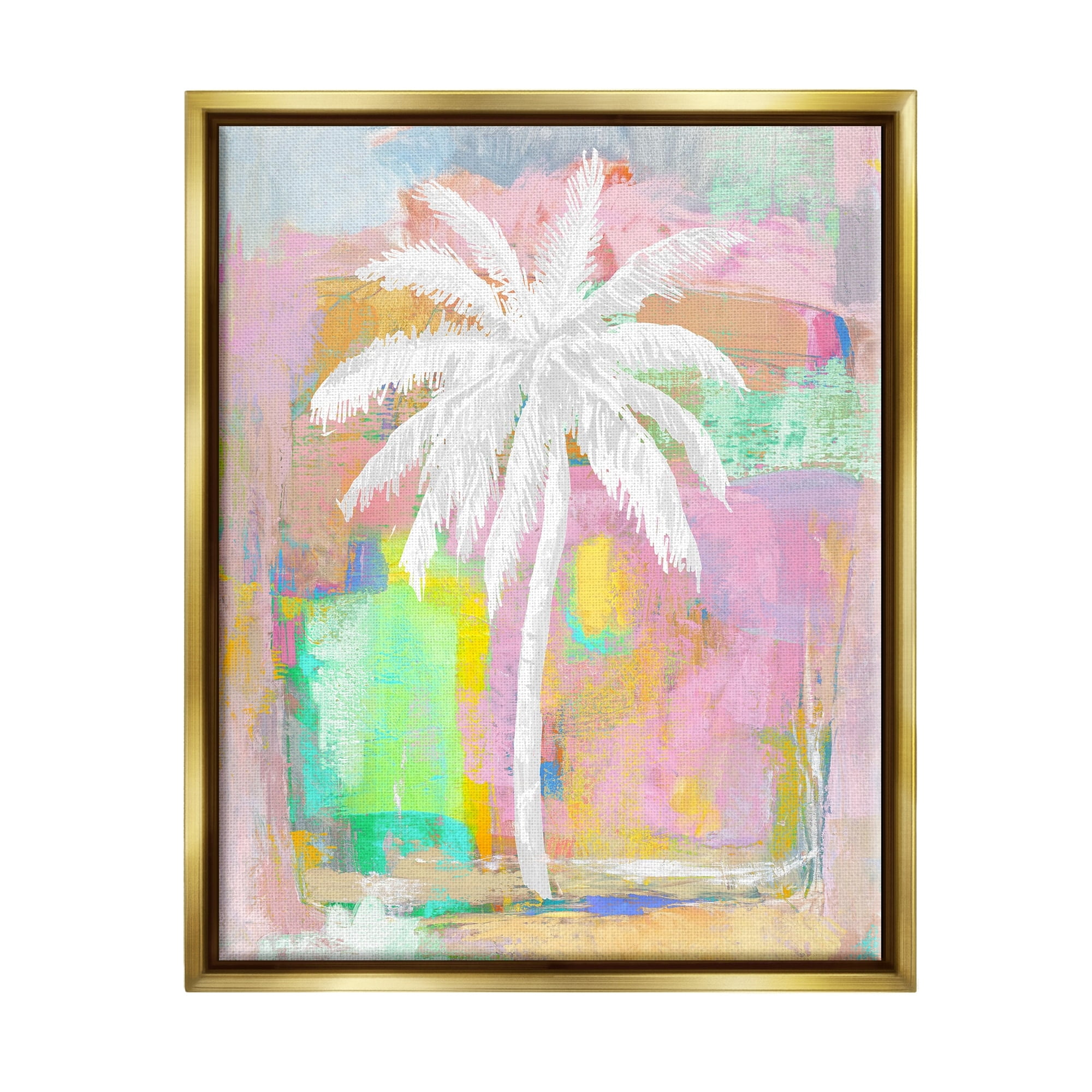 Stupell Industries Pastel Palm Tree Tropical Layered Brush Strokes Painting Metallic Gold Floating Framed Canvas Print Wall Art, Design by Kristen Dew