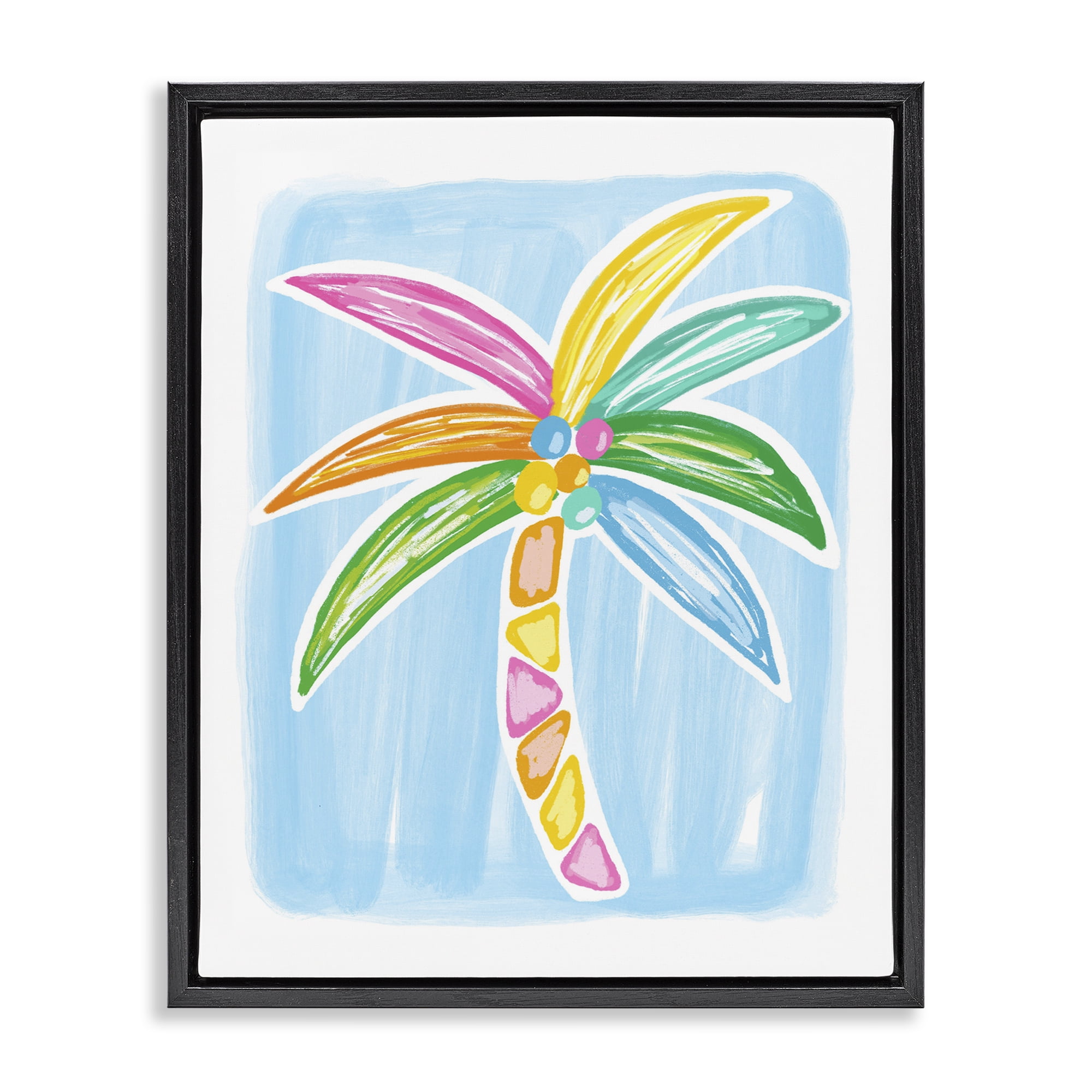 Stupell Industries Pastel Palm on Blue Botanical & Floral Painting Black Floater Framed Canvas Art Print Wall Art, 17 x 21