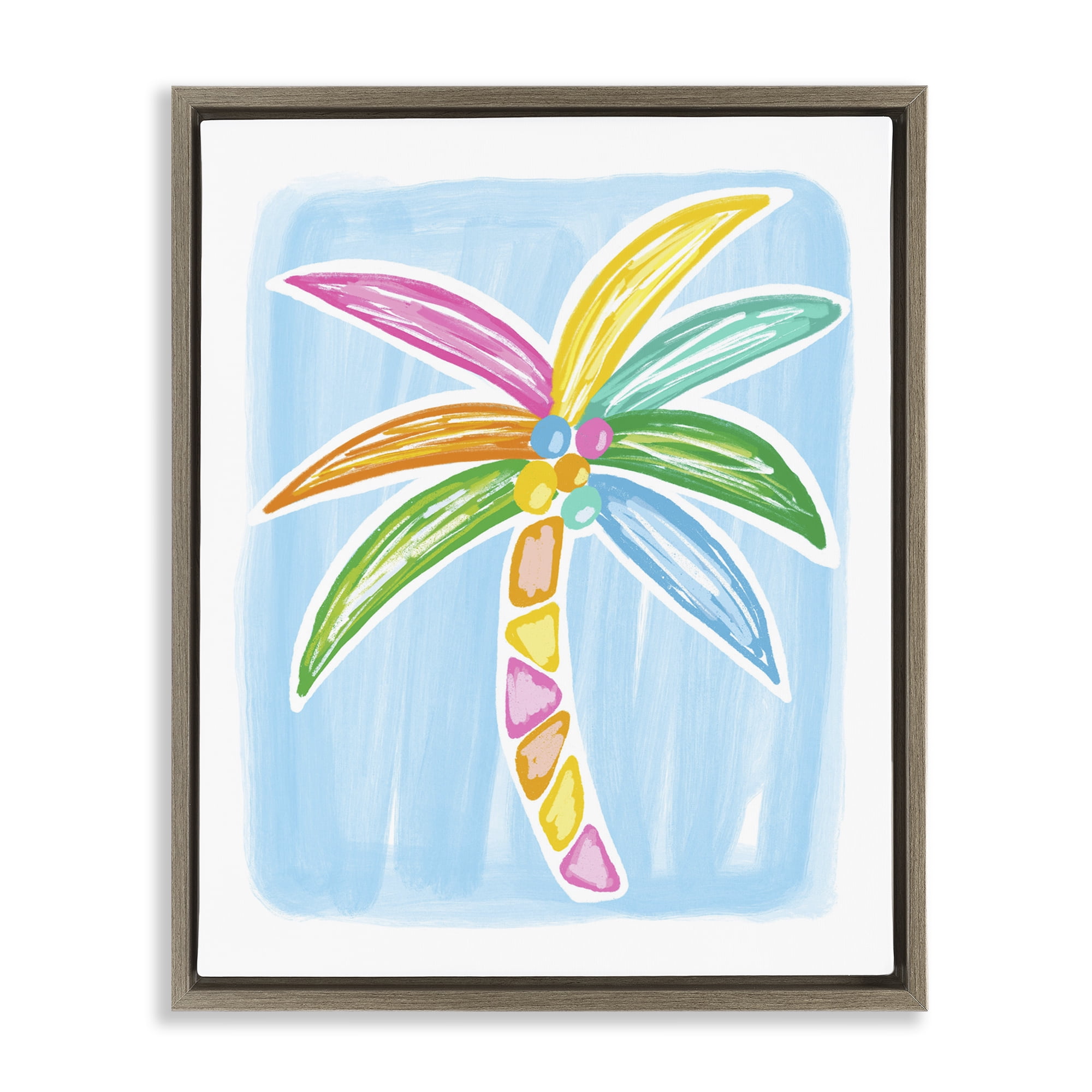 Stupell Industries Pastel Palm on Blue Botanical & Floral Painting Brown Floater Framed Canvas Art Print Wall Art, 17 x 21