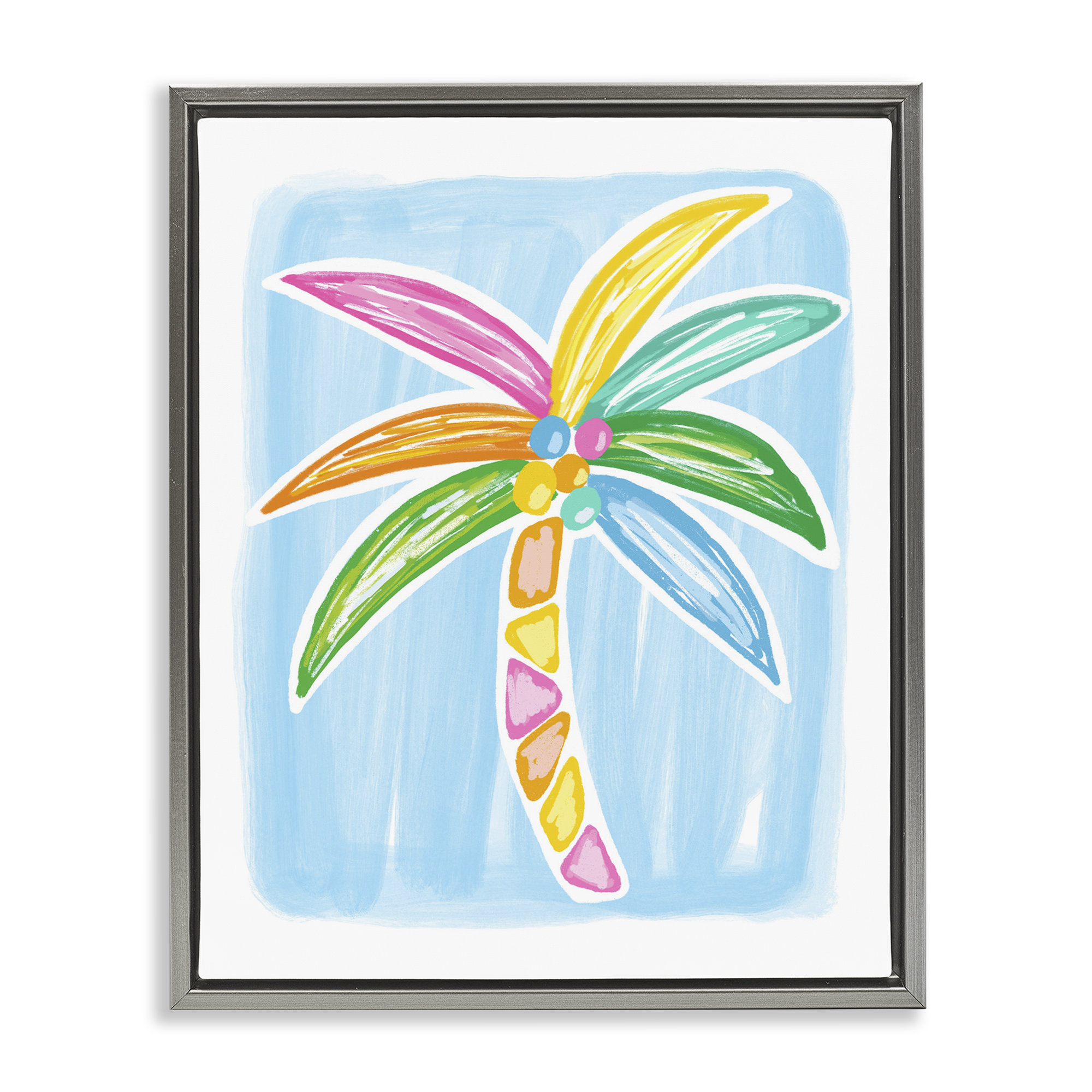 Stupell Industries Pastel Palm on Blue Botanical & Floral Painting Gray Floater Framed Canvas Art Print Wall Art, 25 x 31