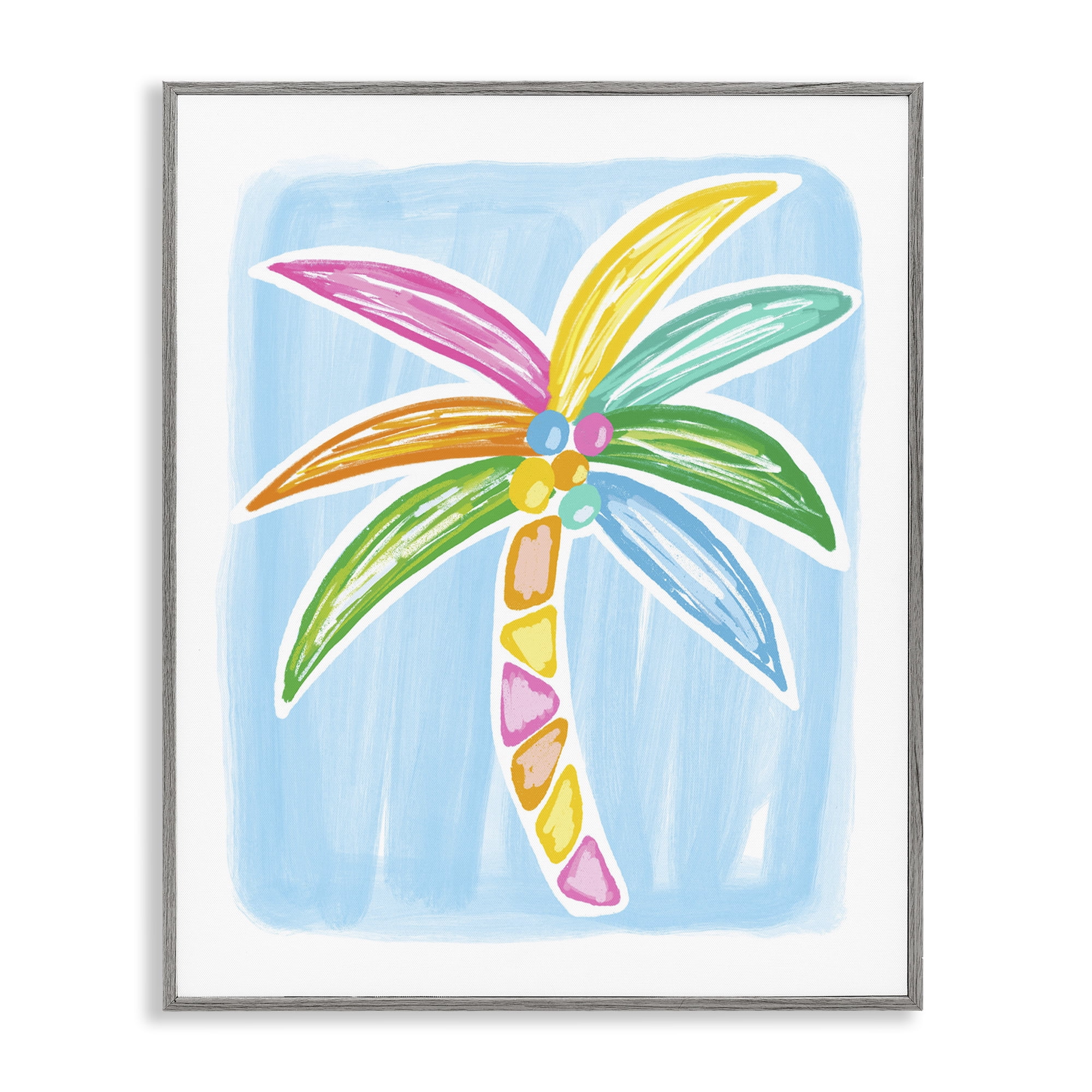 Stupell Industries Pastel Palm on Blue Botanical & Floral Painting Gray Framed Art Print Wall Art, 11 x 14