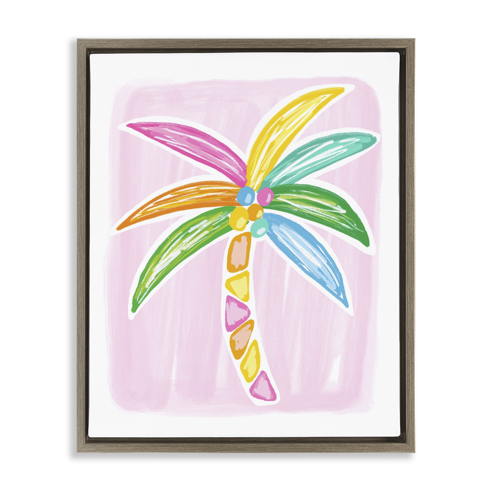 Stupell Industries Pastel Palm on Pink Botanical & Floral Painting Brown Floater Framed Canvas Art Print Wall Art, 17 x 21