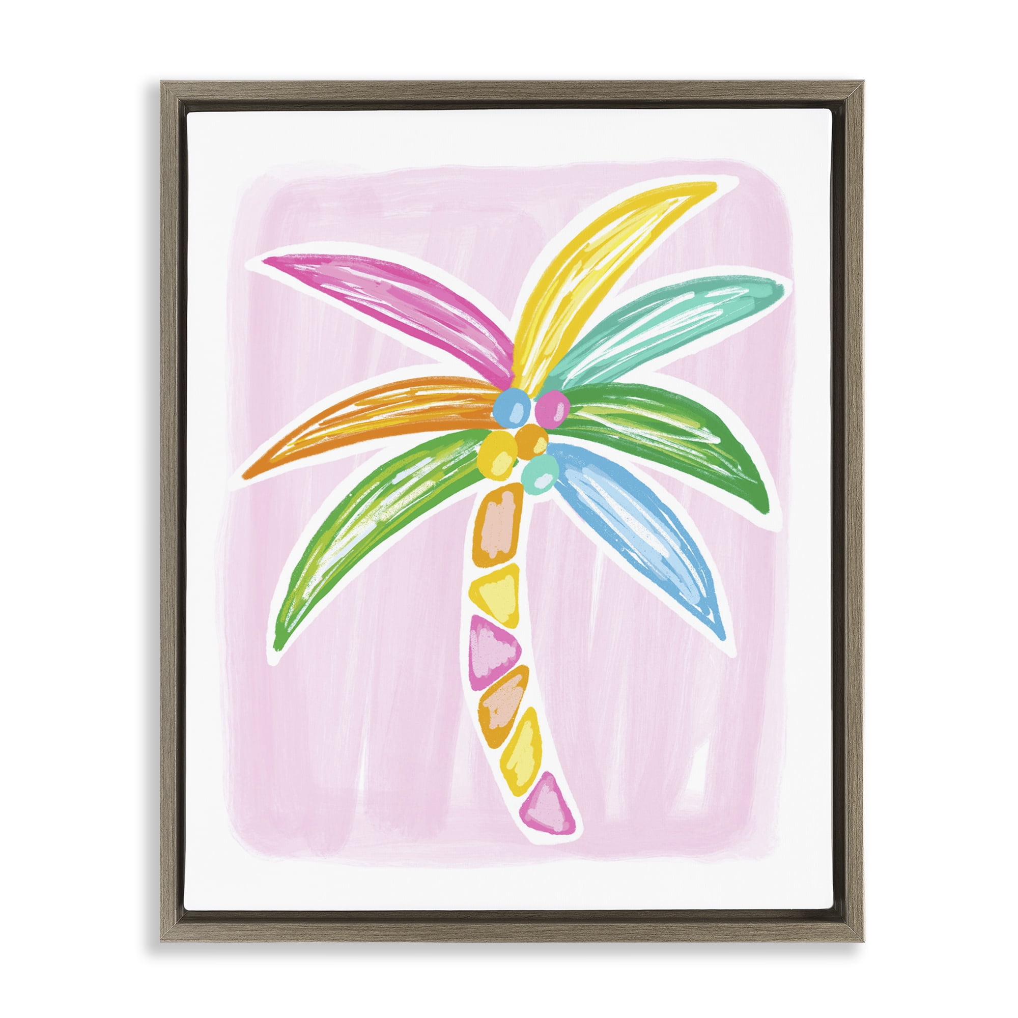 Stupell Industries Pastel Palm on Pink Botanical & Floral Painting Brown Floater Framed Canvas Art Print Wall Art, 25 x 31