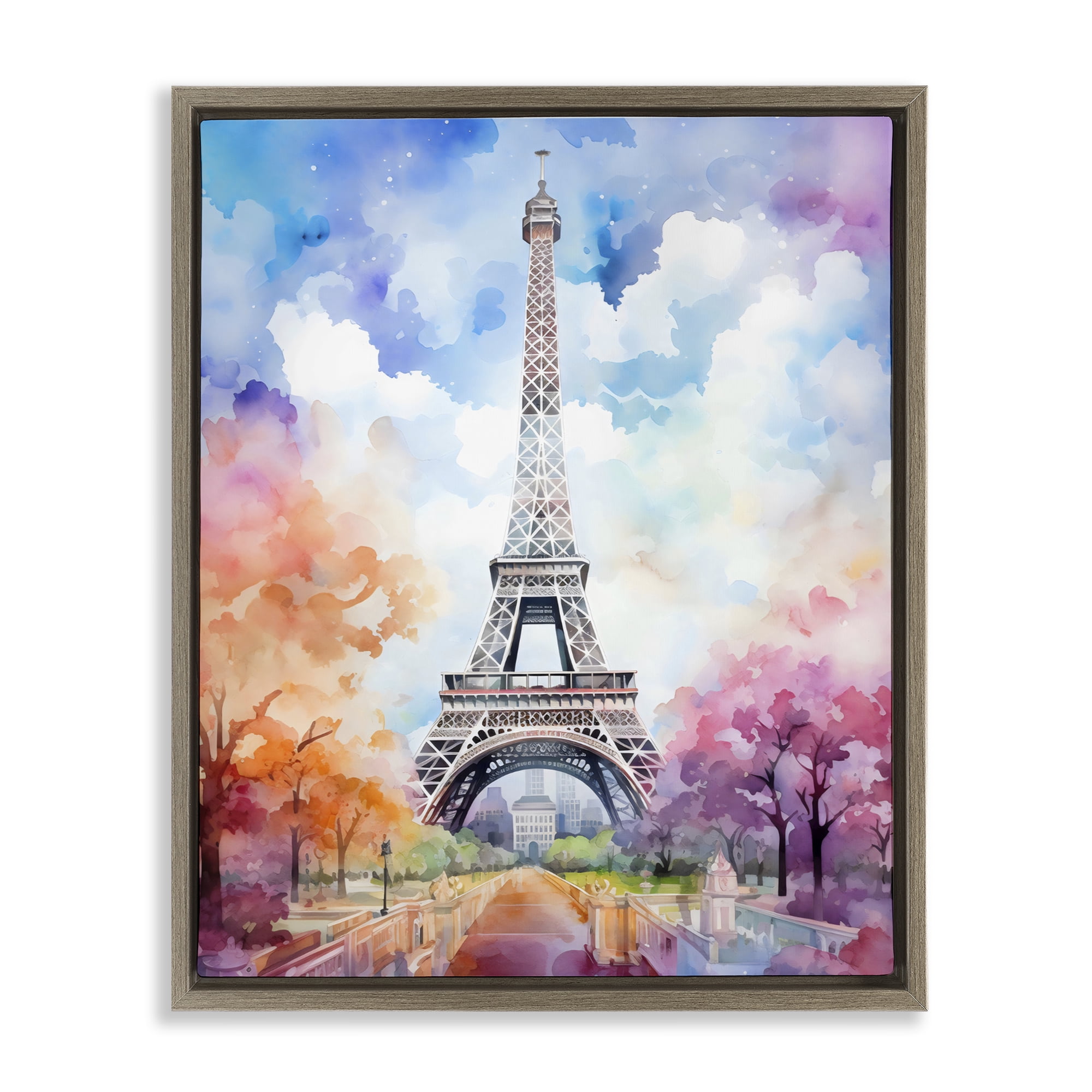 Stupell Industries Pastel Paris Springtime Tower Brown Framed Floater Canvas Wall Art, design by Creative Studio