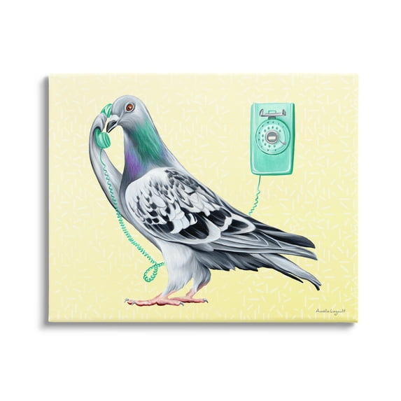 Stupell Industries Pastel Pigeon Vintage Phone Call Yellow Background Graphic Art Gallery Wrapped Canvas Print Wall Art, Design by Amelie Legault
