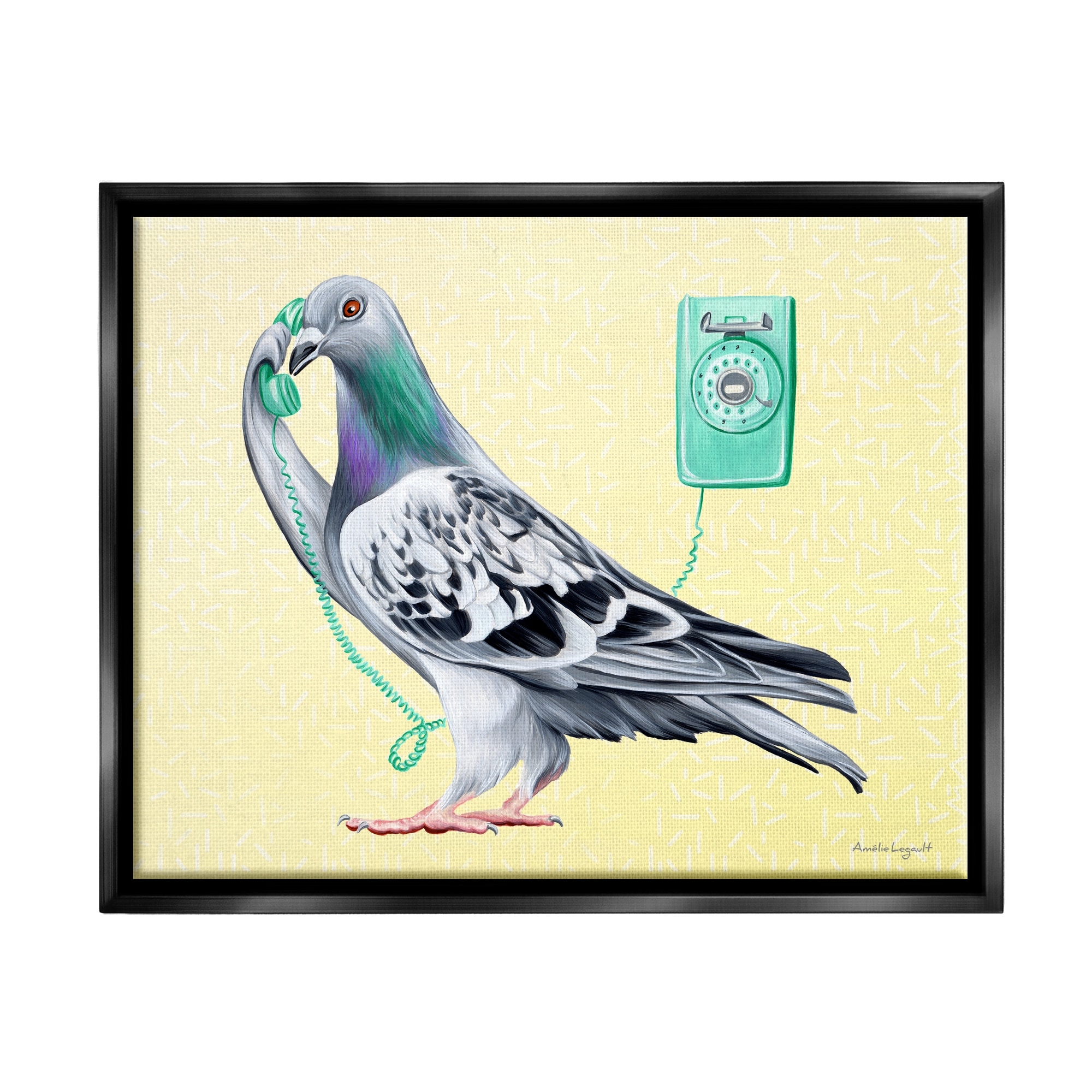 Stupell Industries Pastel Pigeon Vintage Phone Call Yellow Background Graphic Art Jet Black Floating Framed Canvas Print Wall Art, Design by Amelie Legault