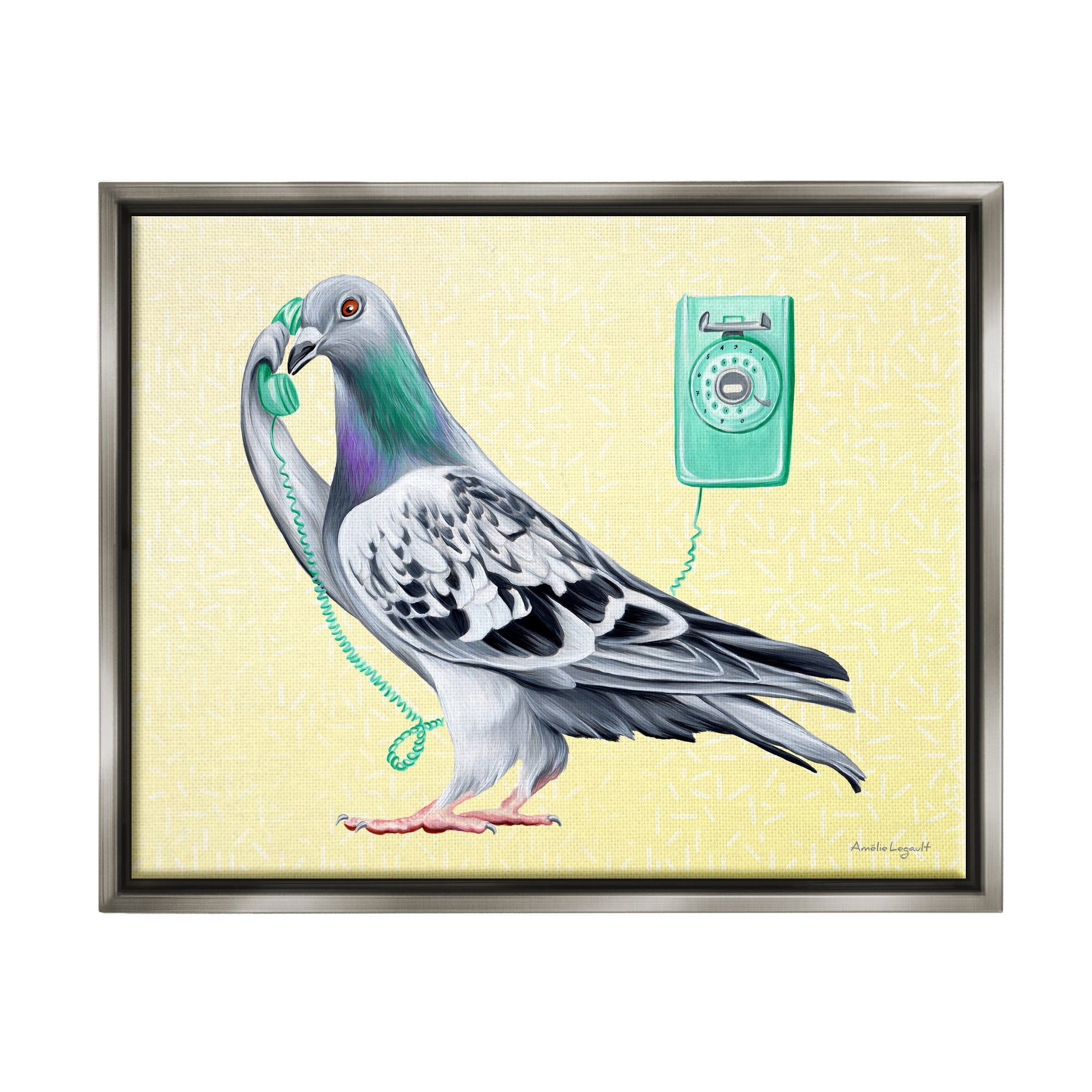 Stupell Industries Pastel Pigeon Vintage Phone Call Yellow Background Graphic Art Luster Gray Floating Framed Canvas Print Wall Art, Design by Amelie Legault