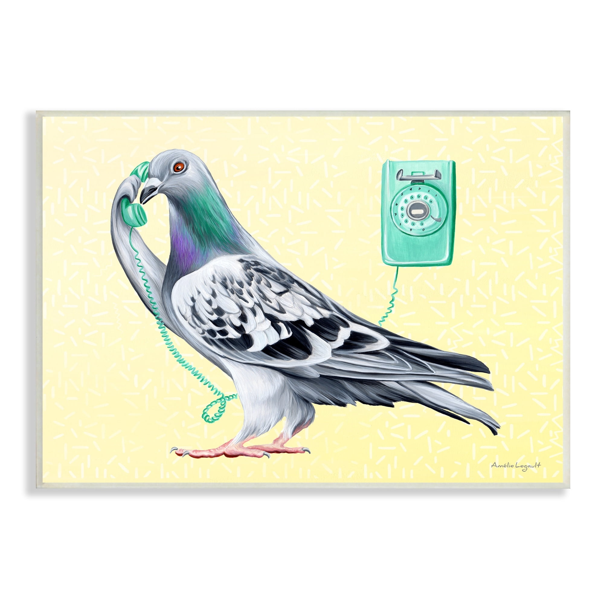 Stupell Industries Pastel Pigeon Vintage Phone Call Yellow Background Graphic Art Unframed Art Print Wall Art, Design by Amelie Legault