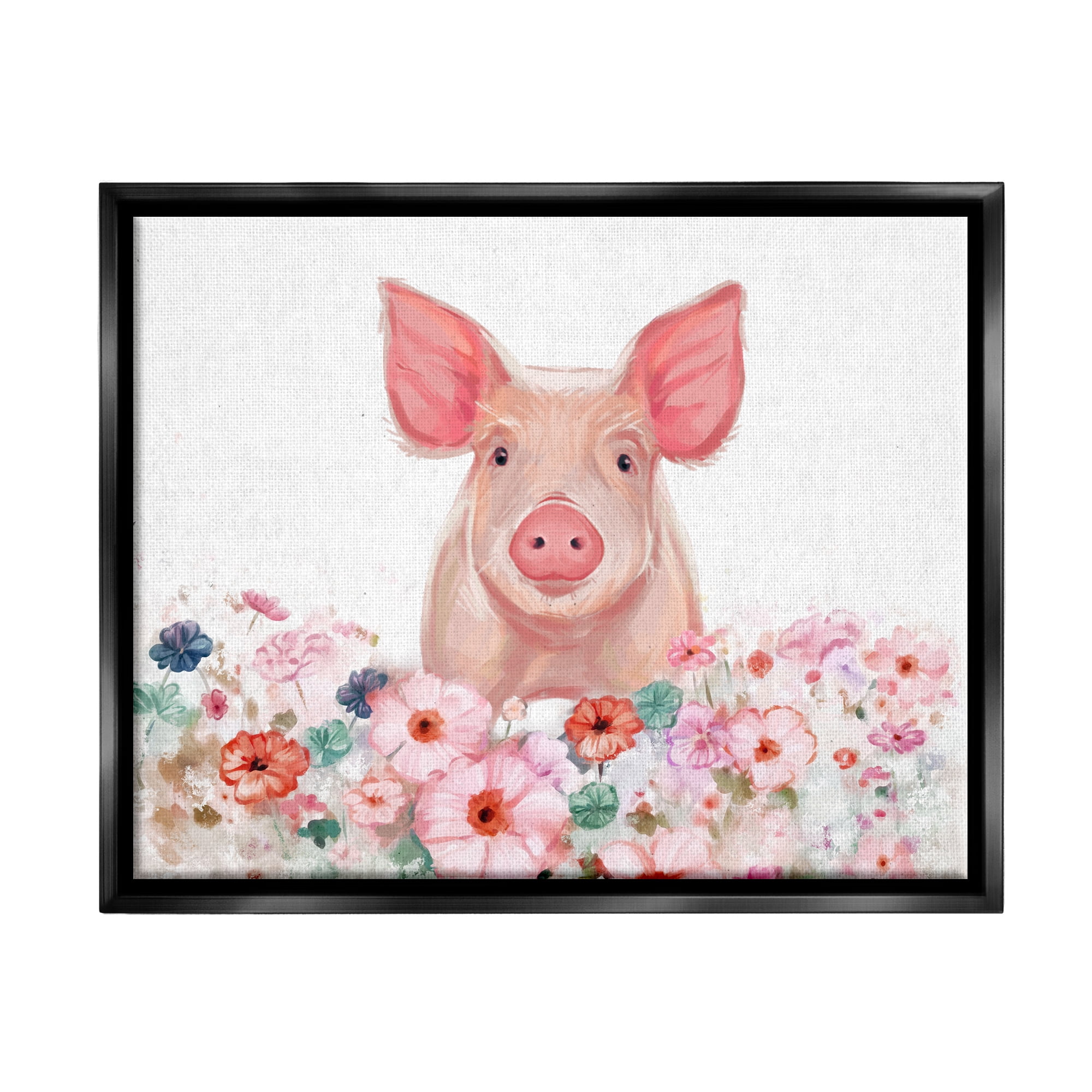 Stupell Industries Pastel Piglet & Florals Animals & Insects Painting Black Floater Framed Canvas Art Print Wall Art, 31 x 25