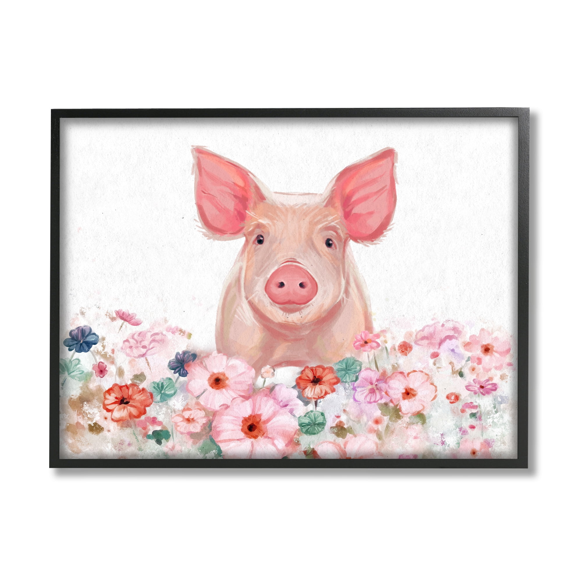 Stupell Industries Pastel Piglet & Florals Animals & Insects Painting Black Framed Art Print Wall Art, 14 x 11