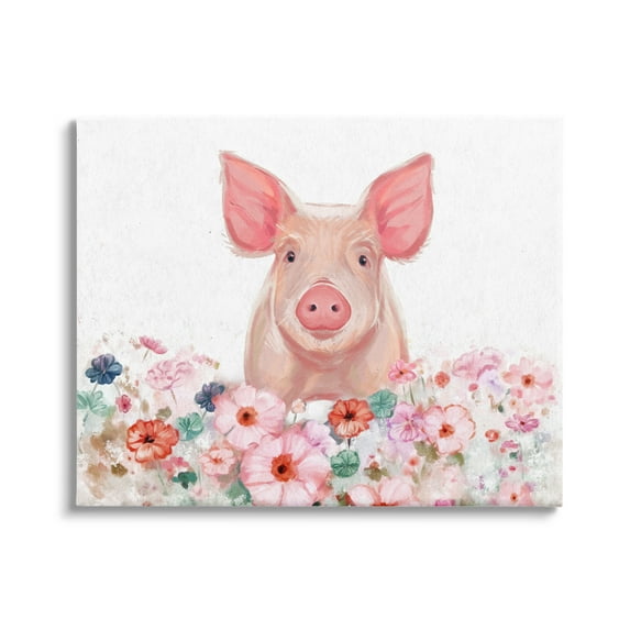 Stupell Industries Pastel Piglet & Florals Animals & Insects Painting Gallery Wrapped Canvas Art Print Wall Art, 30 x 24