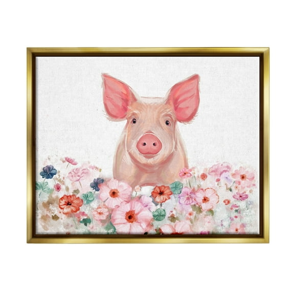 Stupell Industries Pastel Piglet & Florals Animals & Insects Painting Gold Floater Framed Canvas Art Print Wall Art, 21 x 17