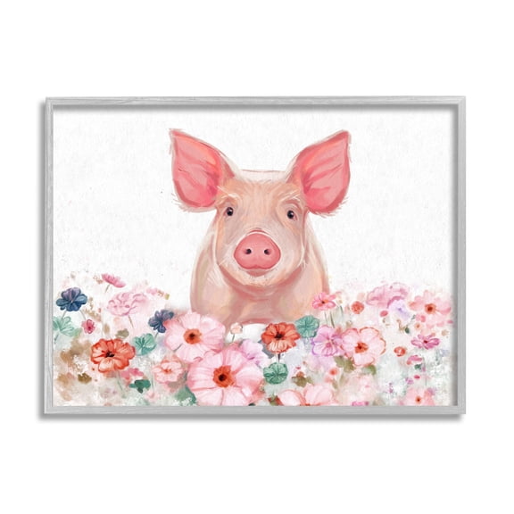 Stupell Industries Pastel Piglet & Florals Animals & Insects Painting Gray Framed Art Print Wall Art, 14 x 11