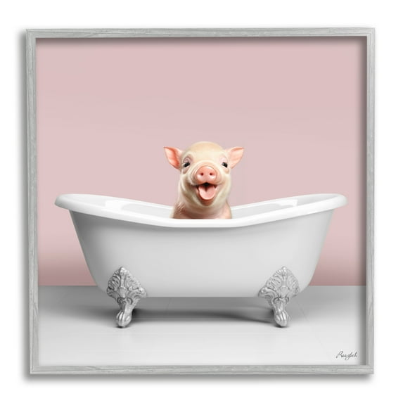 Stupell Industries Pastel Piglet in Bathtub Animals & Insects Painting Gray Framed Art Print Wall Art, 17 x 17