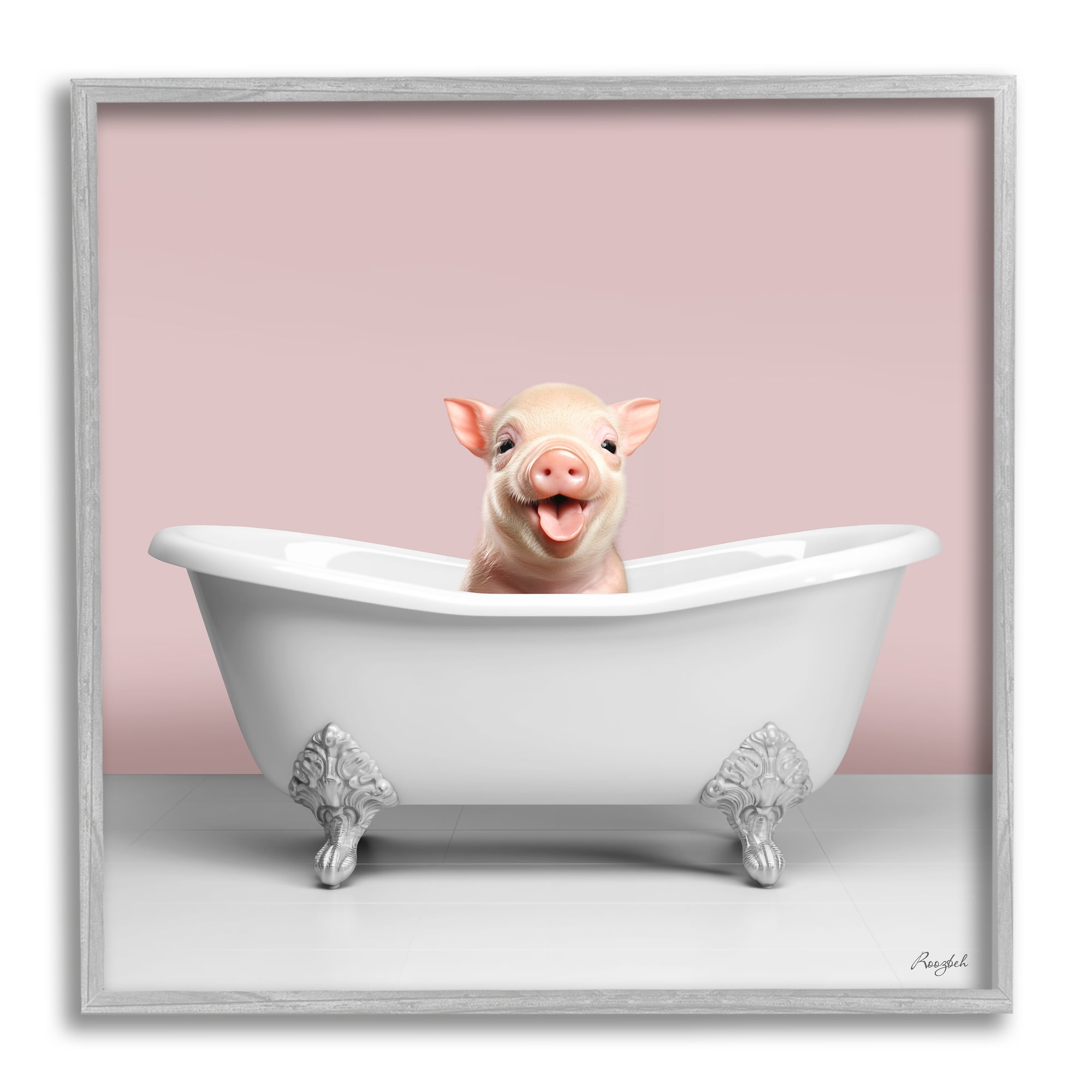 Stupell Industries Pastel Piglet in Bathtub Animals & Insects Painting Gray Framed Art Print Wall Art, 24 x 24