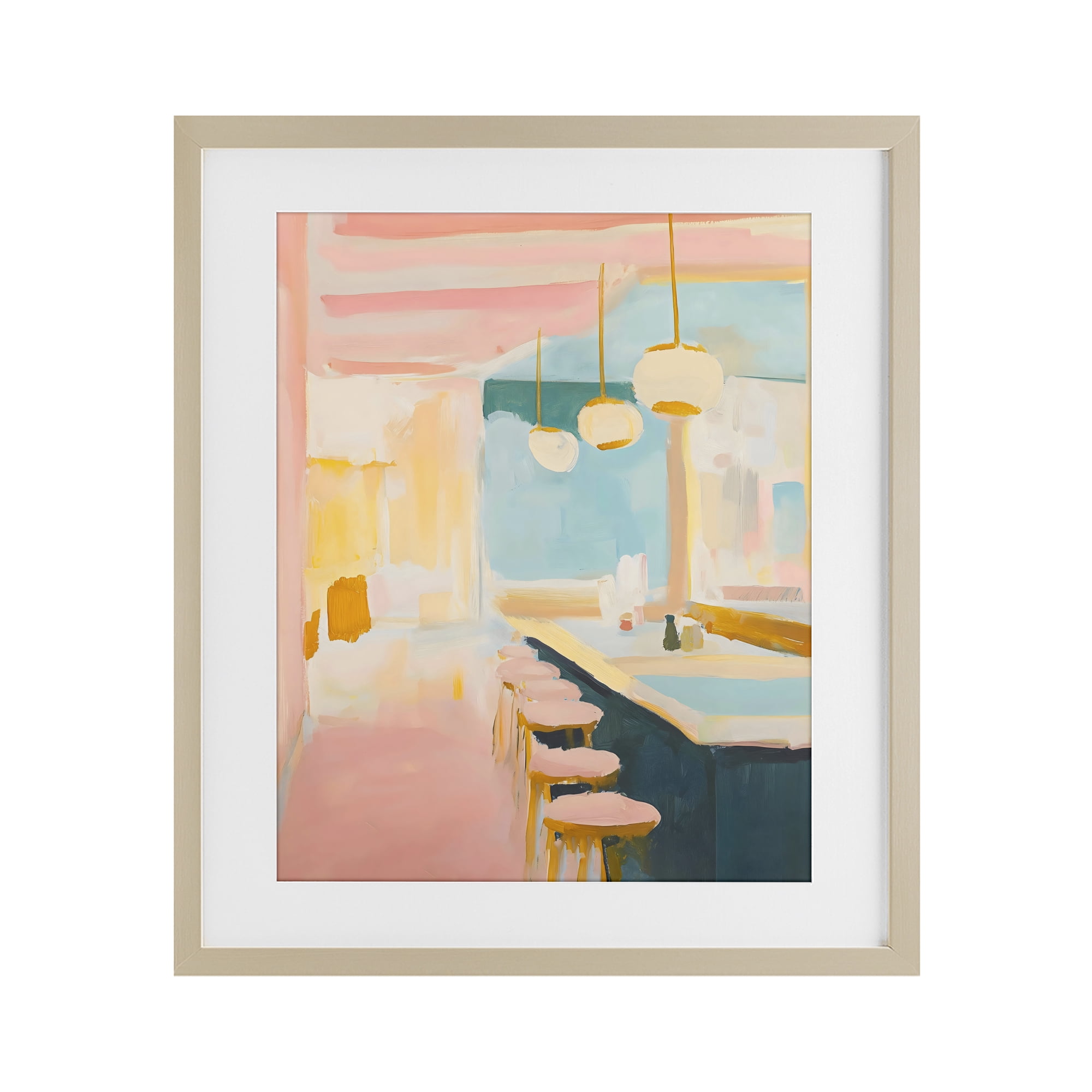 Stupell Industries Pastel Pink Bar Stools Birch Framed Print Under Glass, design by The Prints Vibe
