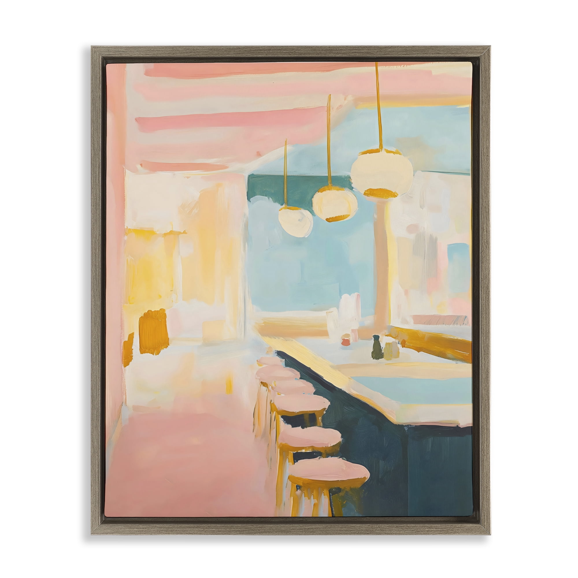 Stupell Industries Pastel Pink Bar Stools Brown Framed Floater Canvas Wall Art, design by The Prints Vibe