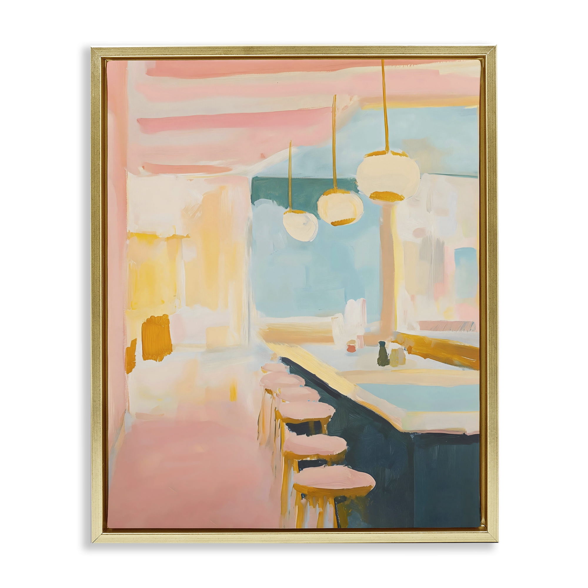 Stupell Industries Pastel Pink Bar Stools Gold Framed Floater Canvas Wall Art, design by The Prints Vibe