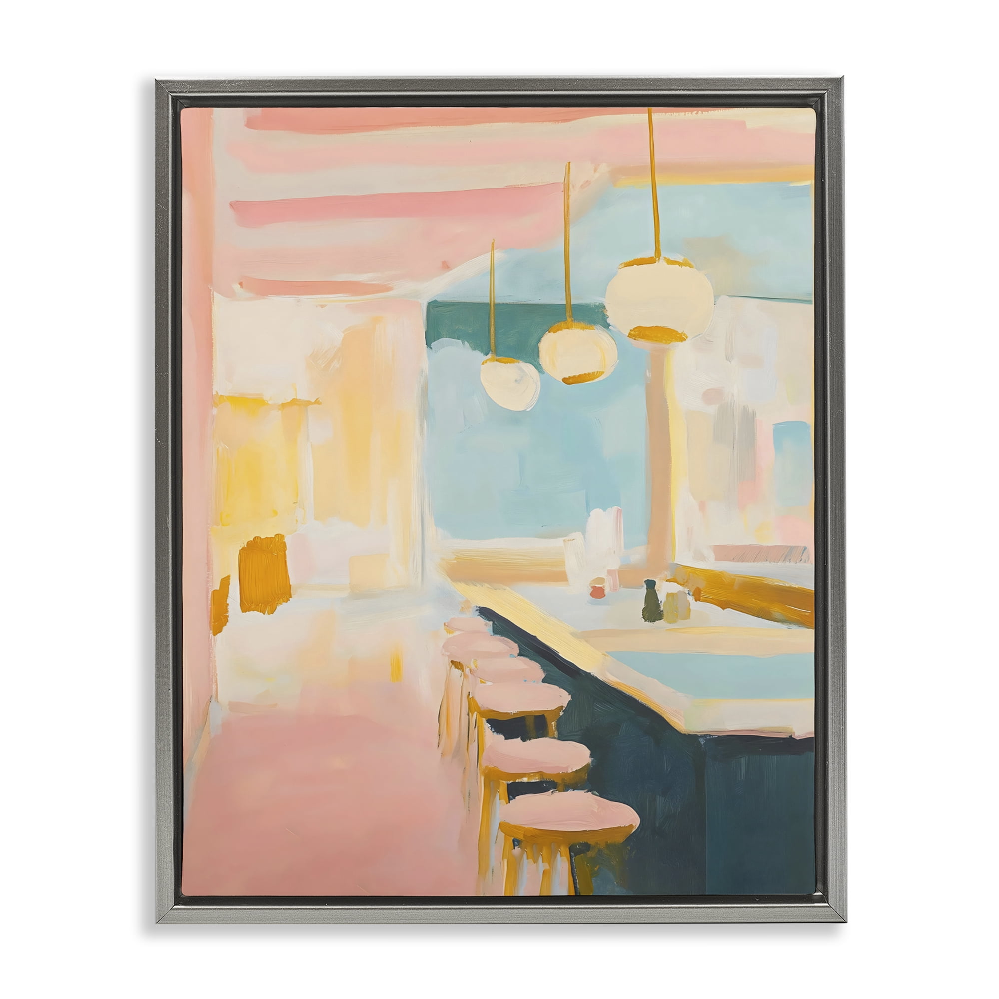 Stupell Industries Pastel Pink Bar Stools Gray Framed Floater Canvas Wall Art, design by The Prints Vibe
