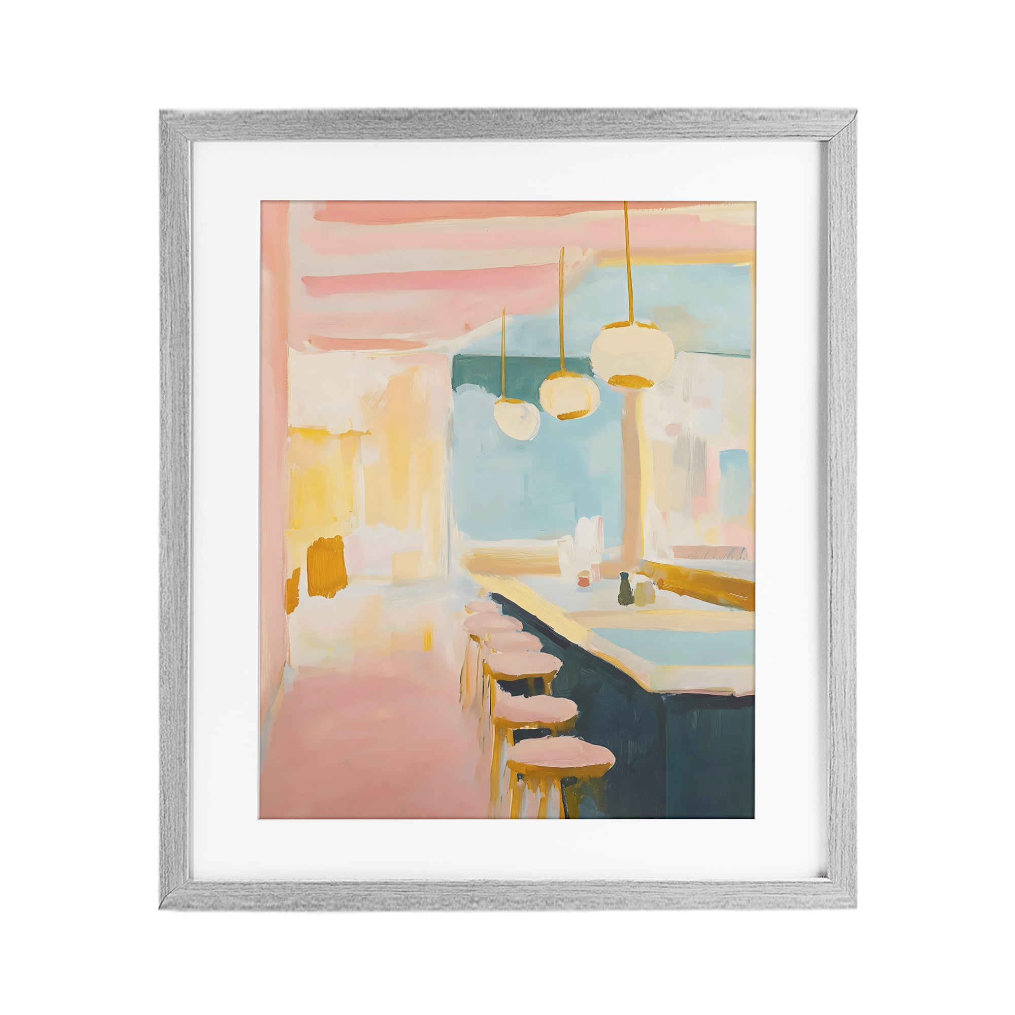 Stupell Industries Pastel Pink Bar Stools Gray Framed Print Under Glass, design by The Prints Vibe