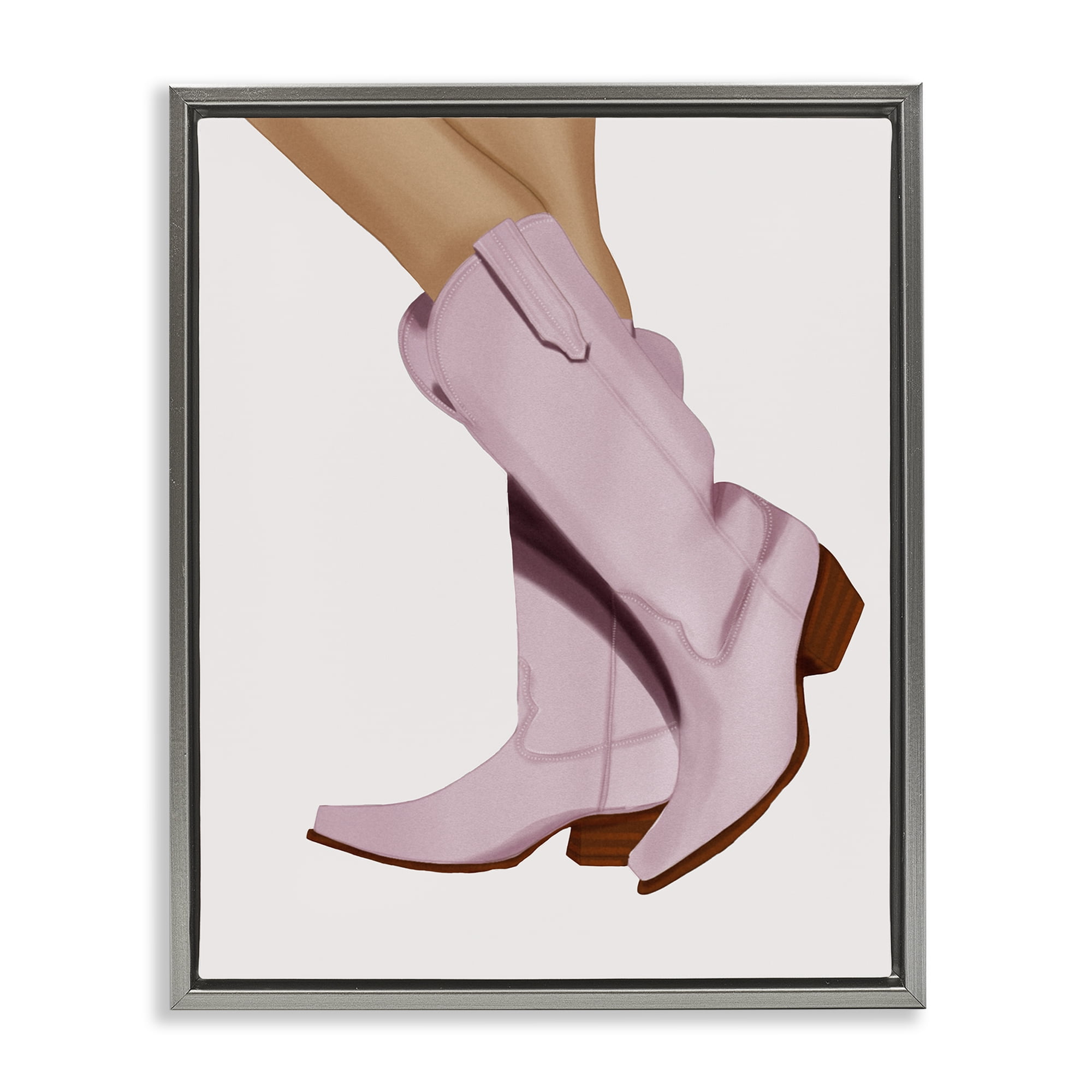 Stupell Industries Pastel Pink Cowgirl Boots Fashion Painting Gray Floater Framed Canvas Art Print Wall Art, 25 x 31