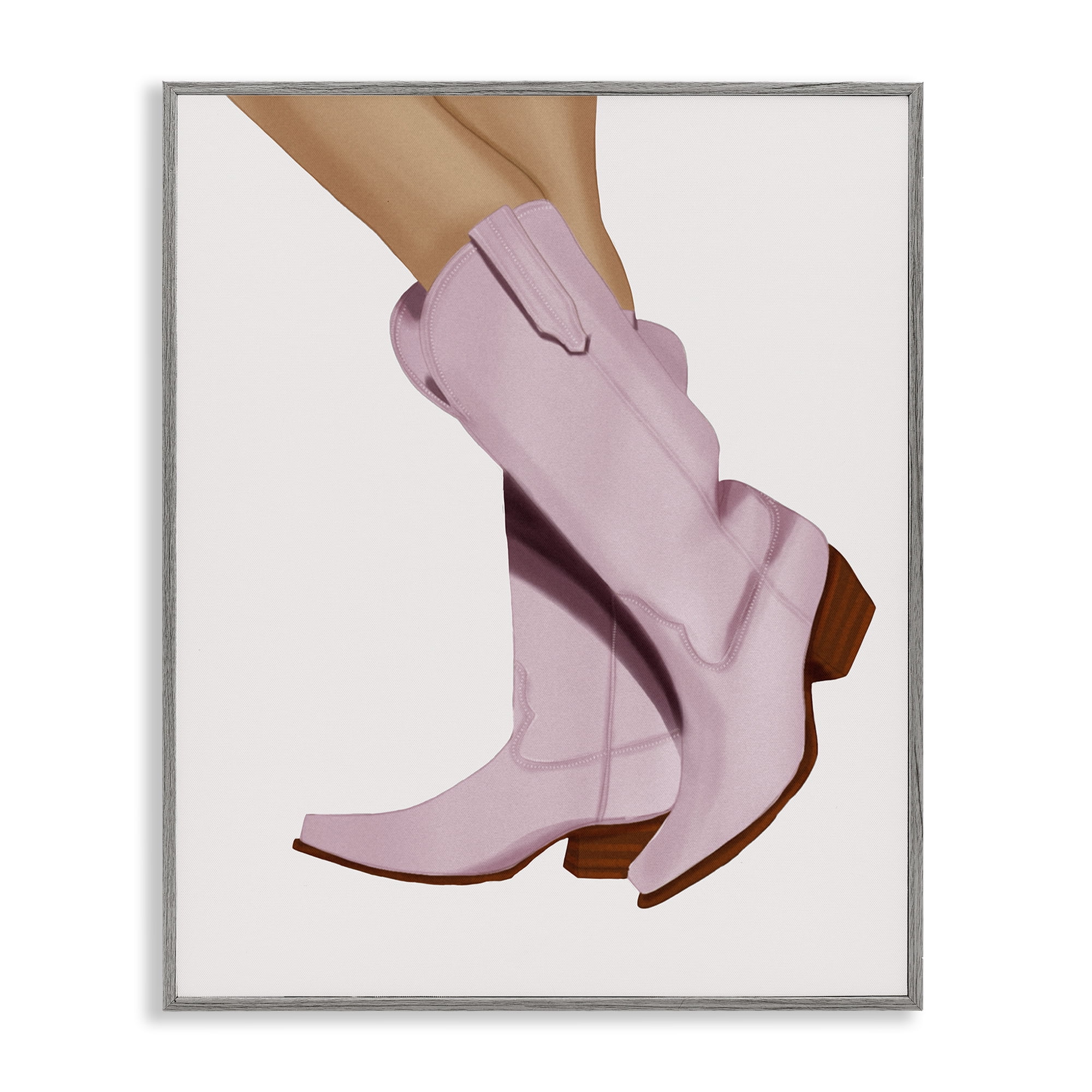 Stupell Industries Pastel Pink Cowgirl Boots Fashion Painting Gray Framed Art Print Wall Art, 16 x 20