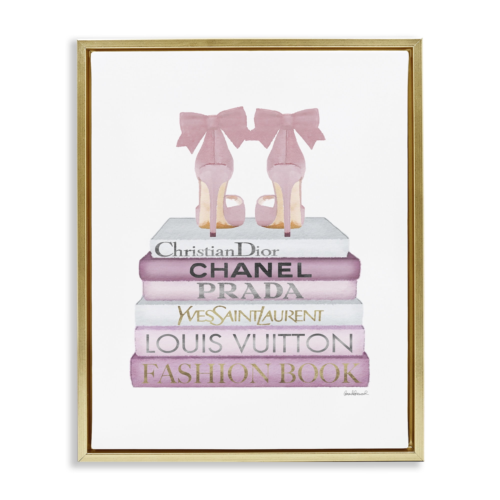 Stupell Industries Pastel Pink Heels & Books Beauty & Fashion Painting Gold Floater Framed Canvas Art Print Wall Art, 17 x 21
