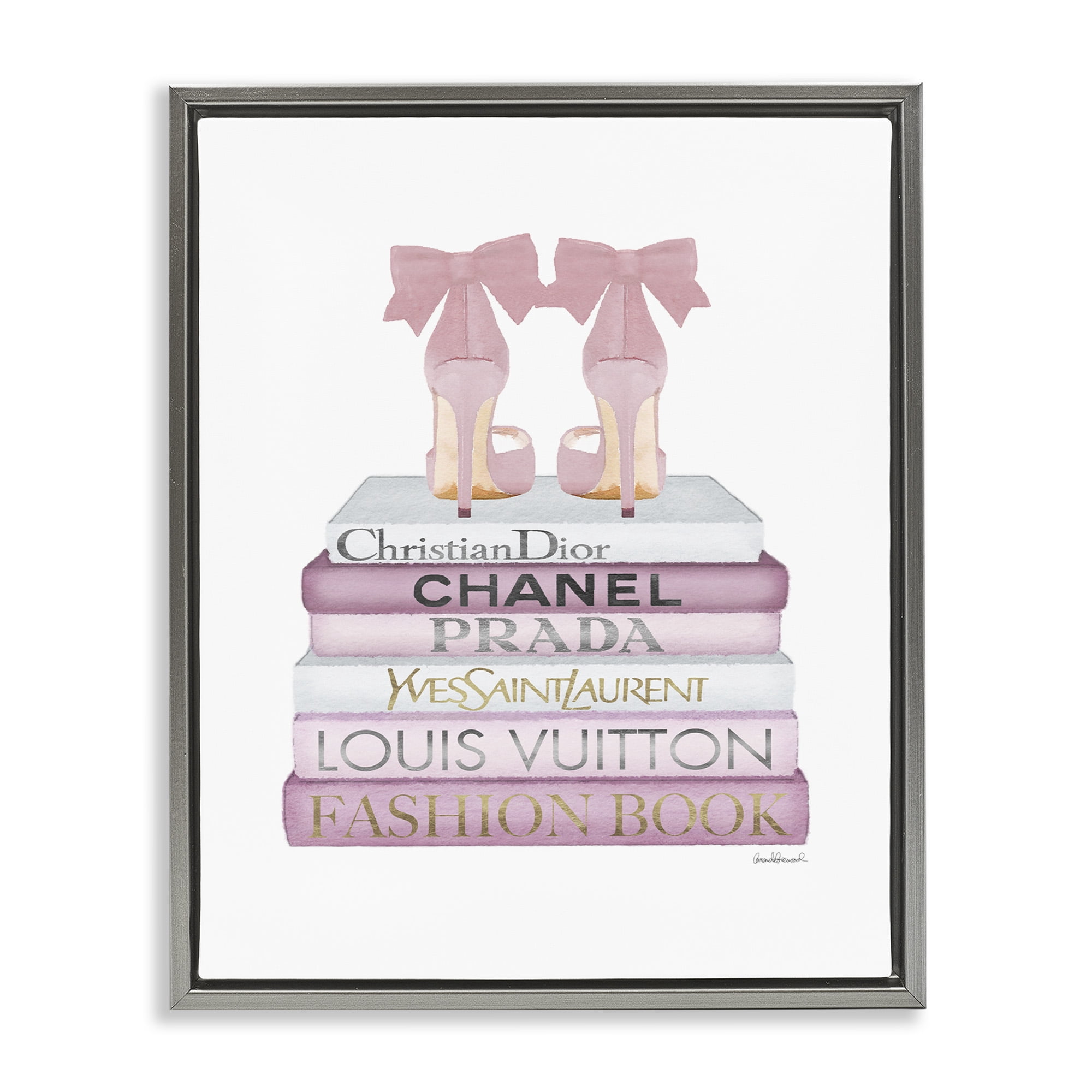 Stupell Industries Pastel Pink Heels & Books Beauty & Fashion Painting Gray Floater Framed Canvas Art Print Wall Art, 17 x 21