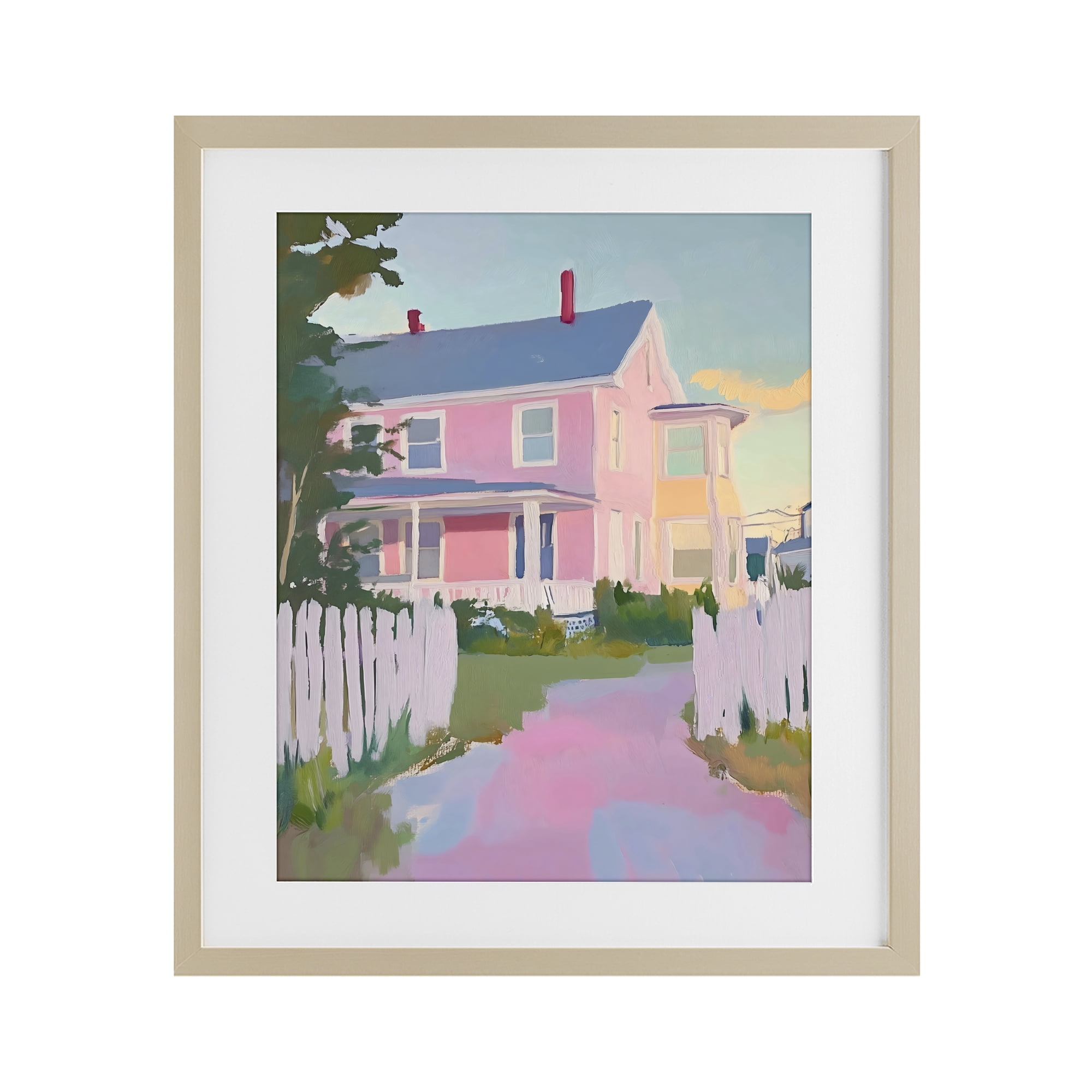Stupell Industries Pastel Pink House with Fence Birch Framed Print Under Glass, design by The Prints Vibe
