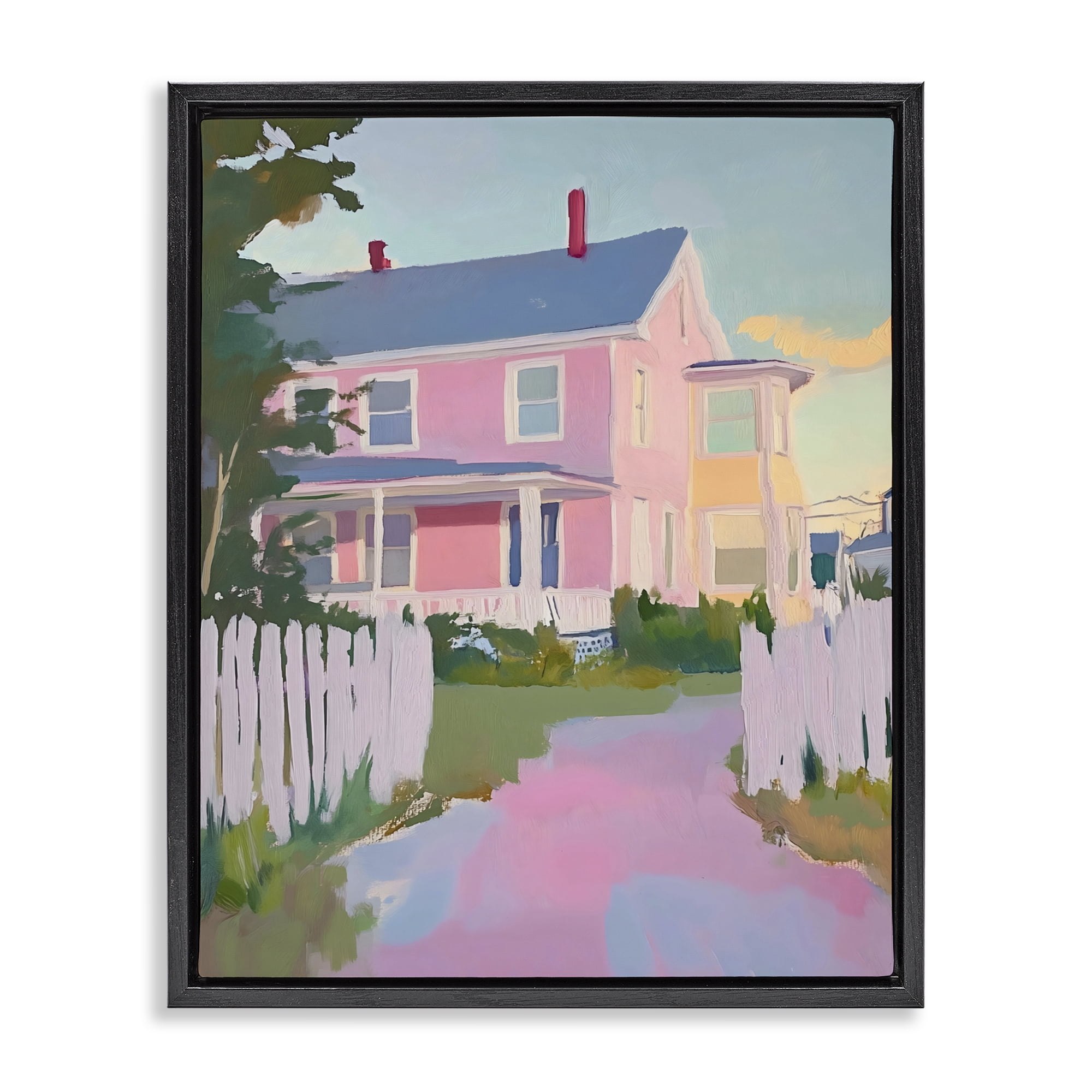 Stupell Industries Pastel Pink House with Fence Black Framed Floater Canvas Wall Art, design by The Prints Vibe